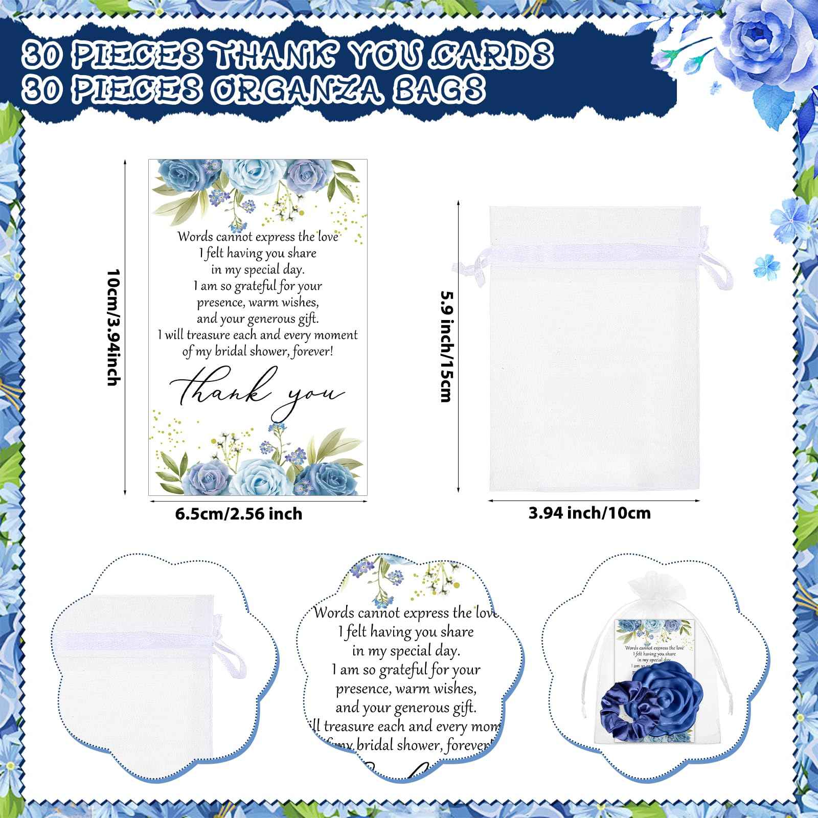 XunYee 30 Sets Bridal Shower Favors for Guests 30 Rose Compact Mirror Bulk 30 Hair Ties Satin Elastic Scrunchies 30 Thank You Card and Organza Bags Souvenir Gift for Wedding Party Favors (Dusty Blue)