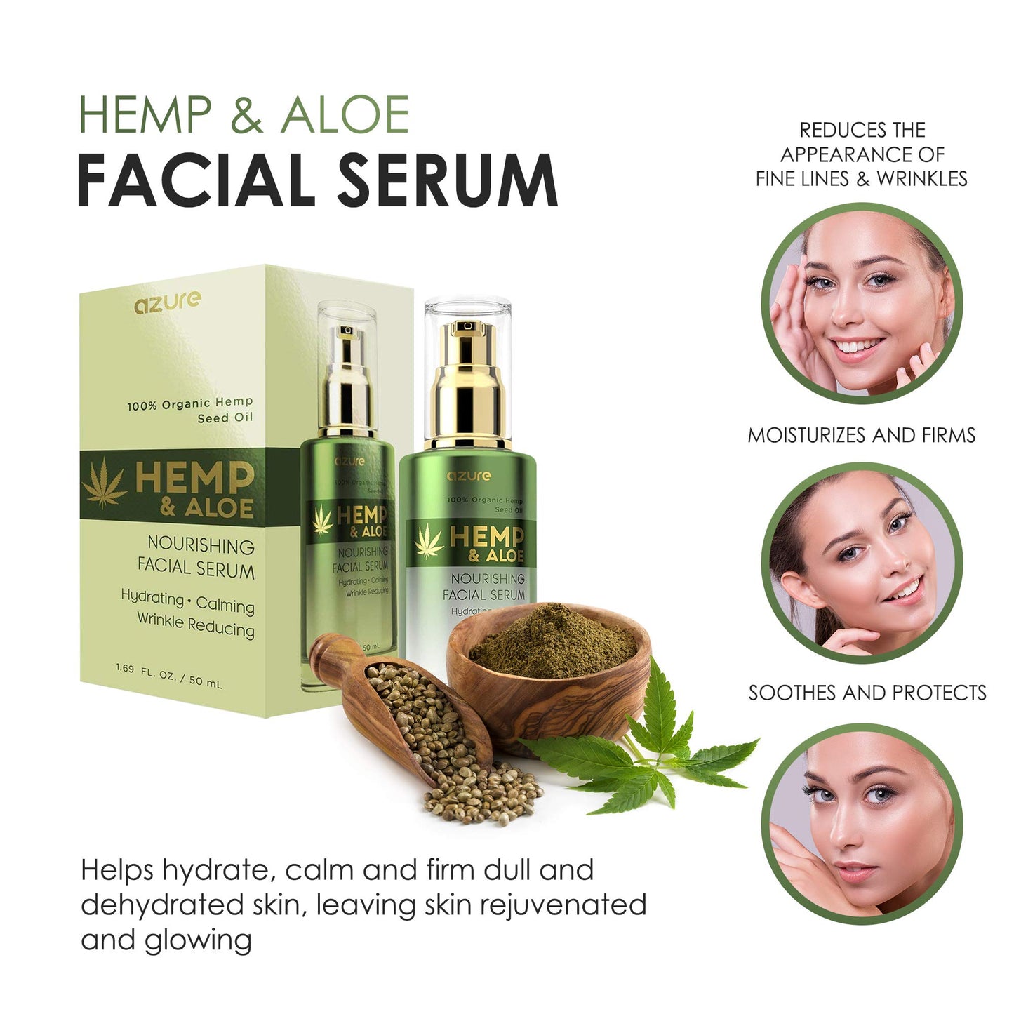 AZURE Hemp & Aloe Nourishing Facial Serum - Moisturizing, Calming & Revitalizing | Reduces Wrinkles, Fine Lines & Creases | Restores Dehydrated Skin | Made in Korea - 50mL / 1.69 fl.oz.