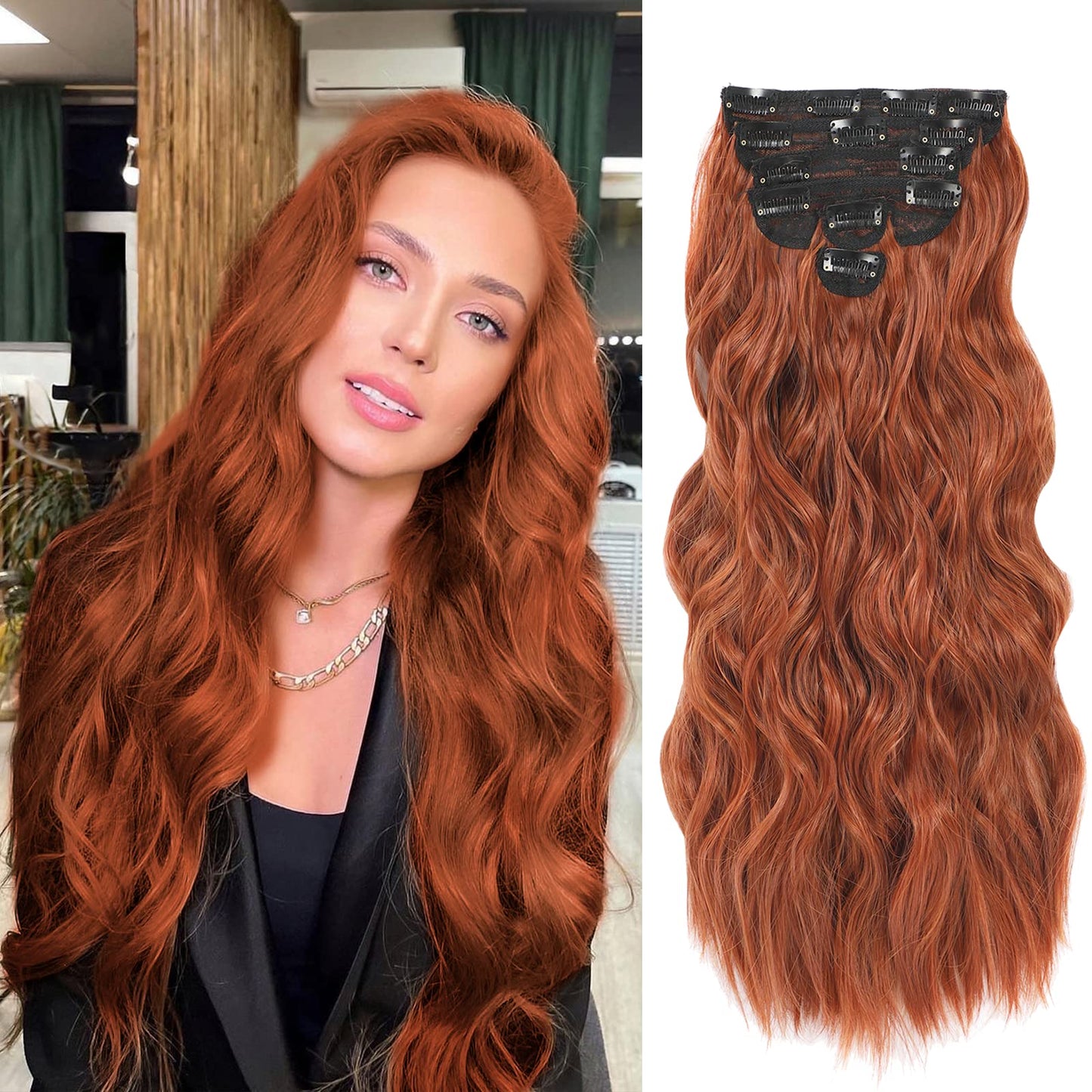 NAYOO Clip in Hair Extensions for Women 20 Inch Long Wavy Curly Copper Red Hair Extension Full Head Synthetic Hair Extension Hairpieces (6PCS, Copper Red)