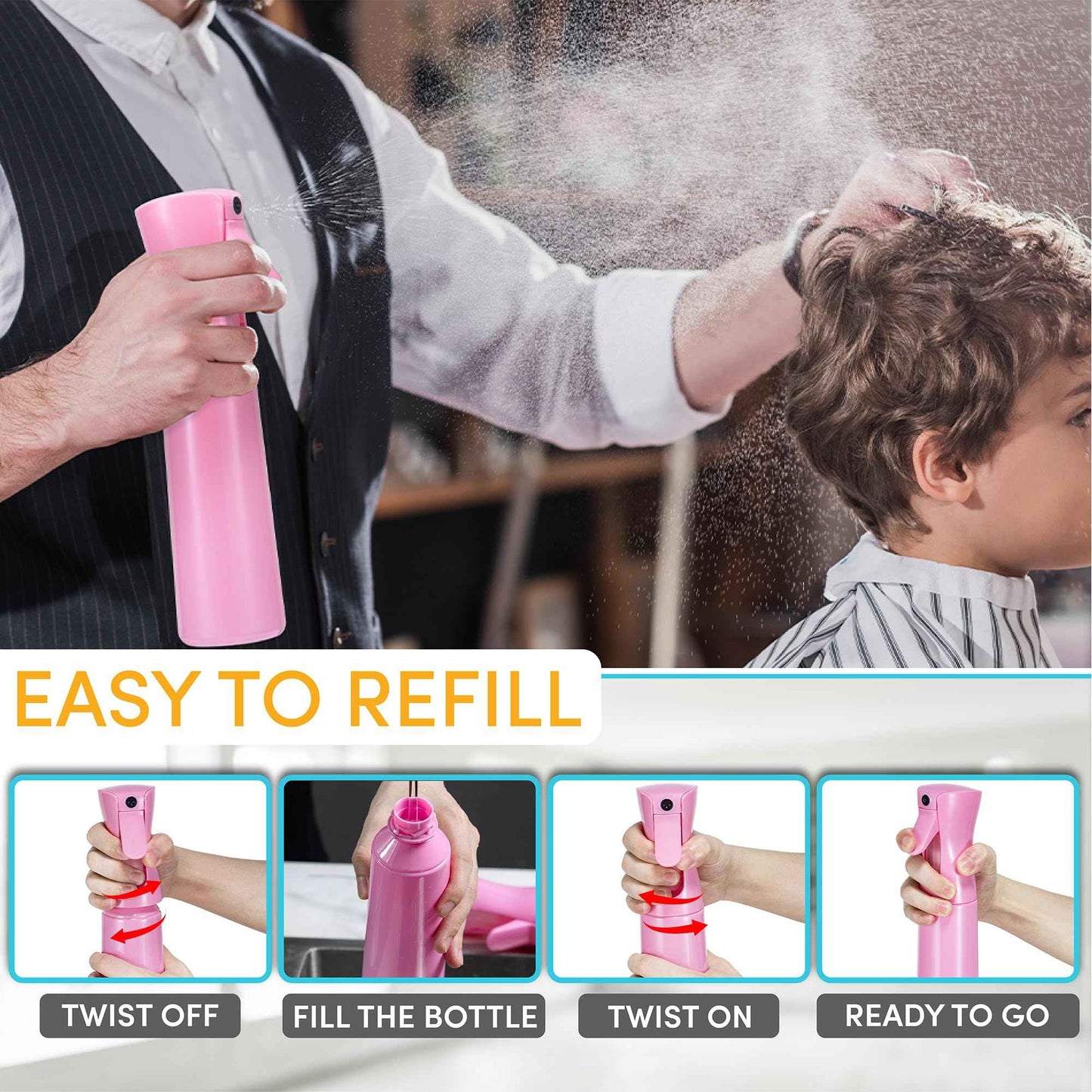 Hula Home Continuous Spray Bottle for Hair (10.1oz/300ml) Empty Ultra Fine Plastic Water Mist Sprayer – For Hairstyling, Cleaning, Salons, Plants, Essential Oil Scents & More - Pink