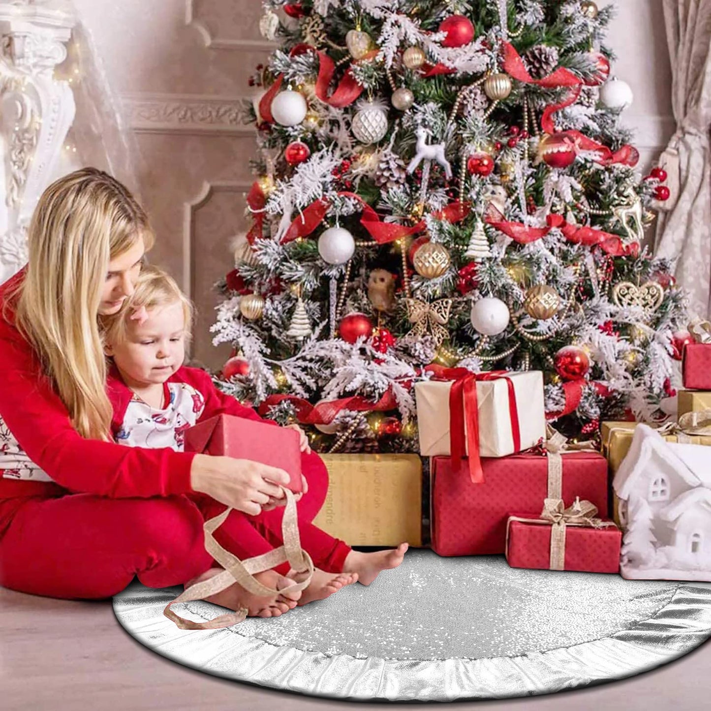 Ivarunner Silver Tree Skirt, Large Christmas Tree Skirt 48 Inch with Glitter Satin Trim - Silver Sequin Tree Skirt - Xmas Bling Tree Mat Double Layers for Silver Christmas Ornaments and Decorations