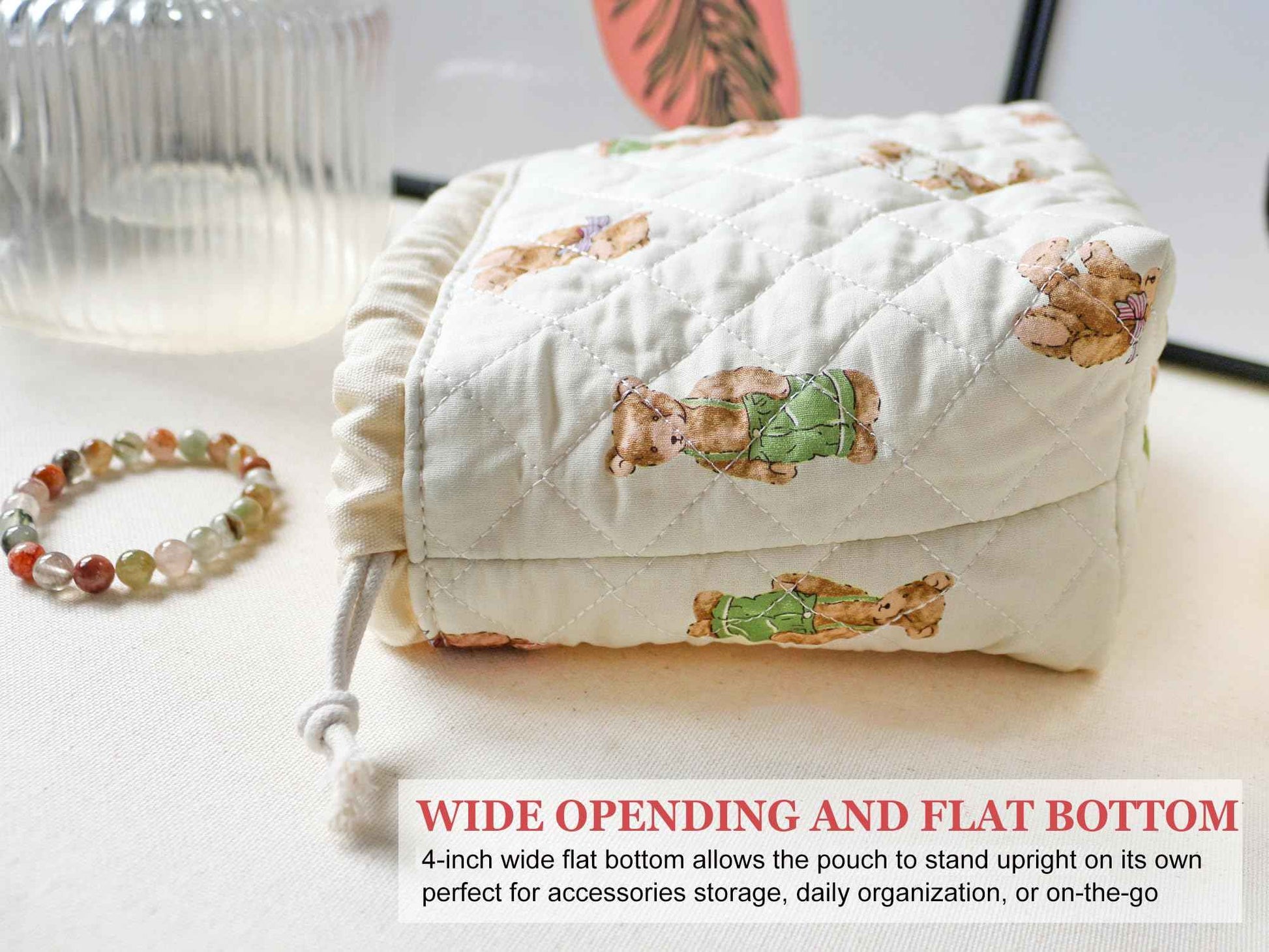 HAPPYHEIDI Quilted Cotton Drawstring Makeup Bag Set 2 Size w Compartment Cosmetic Toiletry Travel Pouch,Purse Organizer,Brown Teddy Bears