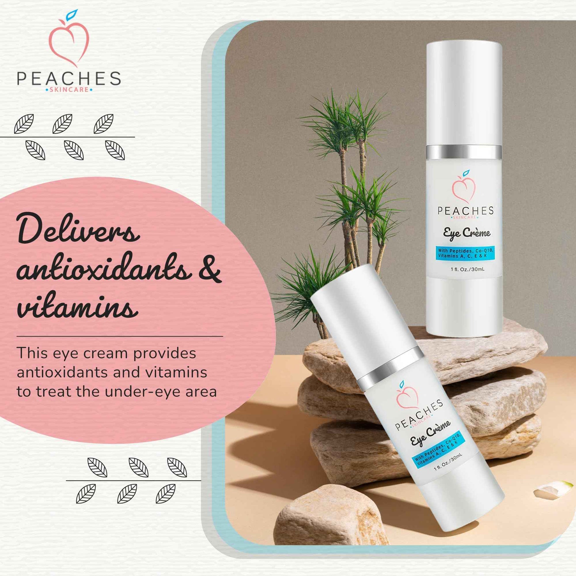 Peaches Skin Care Under Eye Cream – Targets Puffiness, Dark Circles, and Bags – Vegan Formula with Peptides, Co-Q10, Squalene, Vitamins, and Reishi – Eye Crème (1 oz)