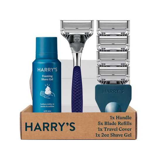 Harry's Razors for Men - Chrome Shaving Set | 5 Blade Razors with Lubricating Strip & Precision Trimmer, 4 Cartridges, Travel Cover, and 2 Oz Shave Gel