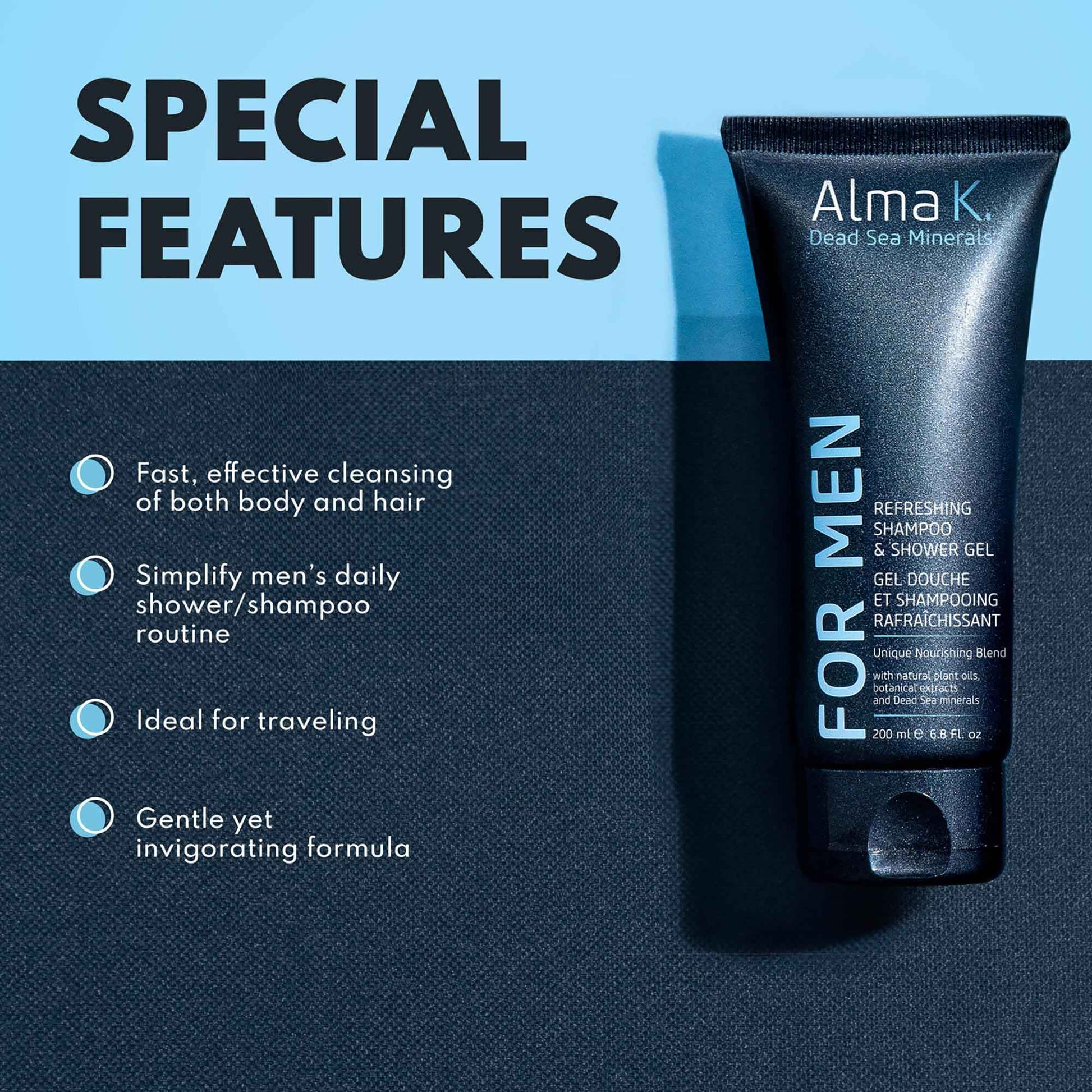 ALMA K Refreshing Shampoo and Shower Gel - 2 in 1 Mens Body Wash and Clarifying Shampoo - Antioxidant-Rich with Argan Oil, Dead Sea Minerals - 6.8 oz (Pack of 2)