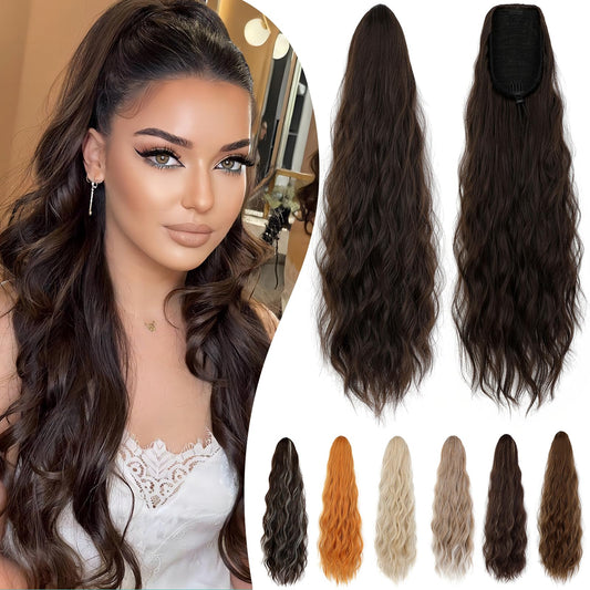 Cephermer Ponytail Extension 24'' Long Wavy Drawstring Pony Tails Hair Extension Ponytail Medium Brown Synthetic Hairpiece for Women