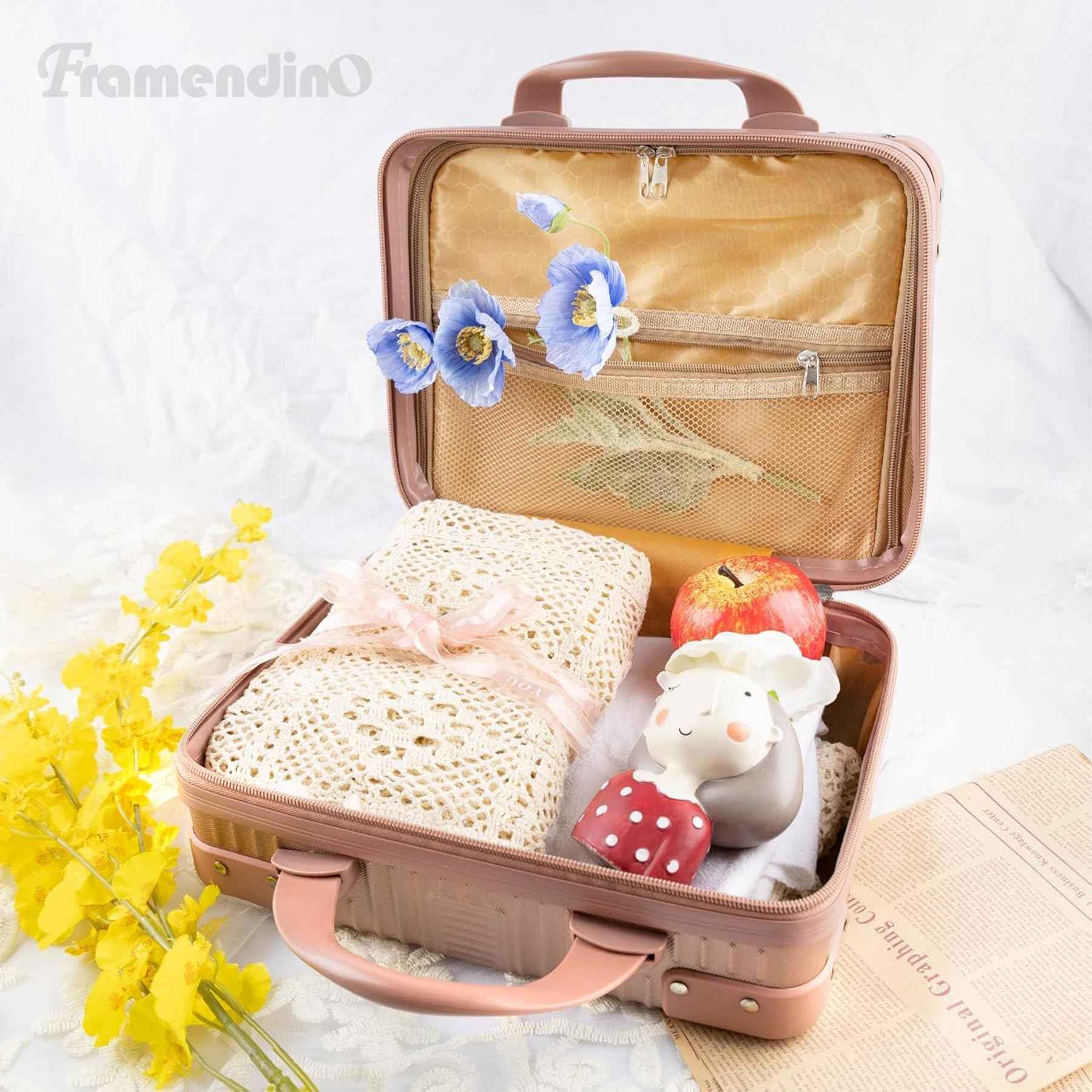 Framendino, Portable Hard Shell Cosmetic Suitcase Makeup Travel Case Rose Gold
