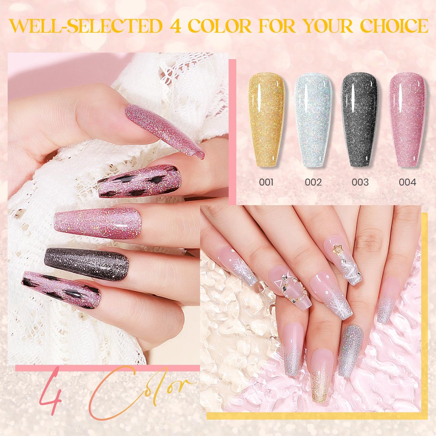 MIZHSE Gel Nail Polish 4 Color Silver Gold Black Pink, Glitter Gel Polish Soak Off UV LED Nail Art for Home Salon Starter Manicure Set for Ladies 10ml