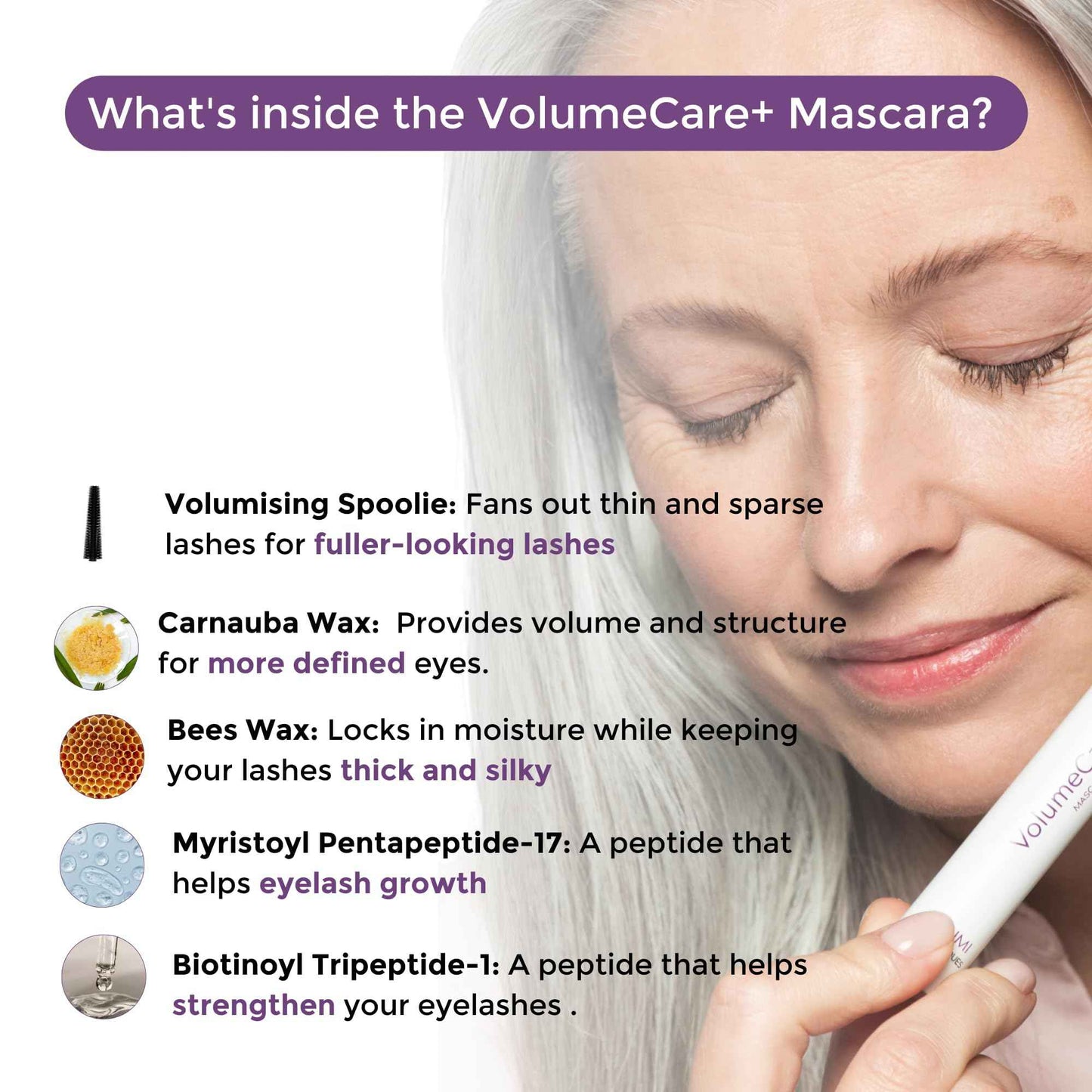 Rumi Cosmetiques VolumeCare+ Mascara For Mature Women - Extreme Length and Volume 2-in-1 Formula - No Clumps or Flaking, Long-Wearing, Hypoallergenic Mascara For Sensitive Eyes (Natural Black)