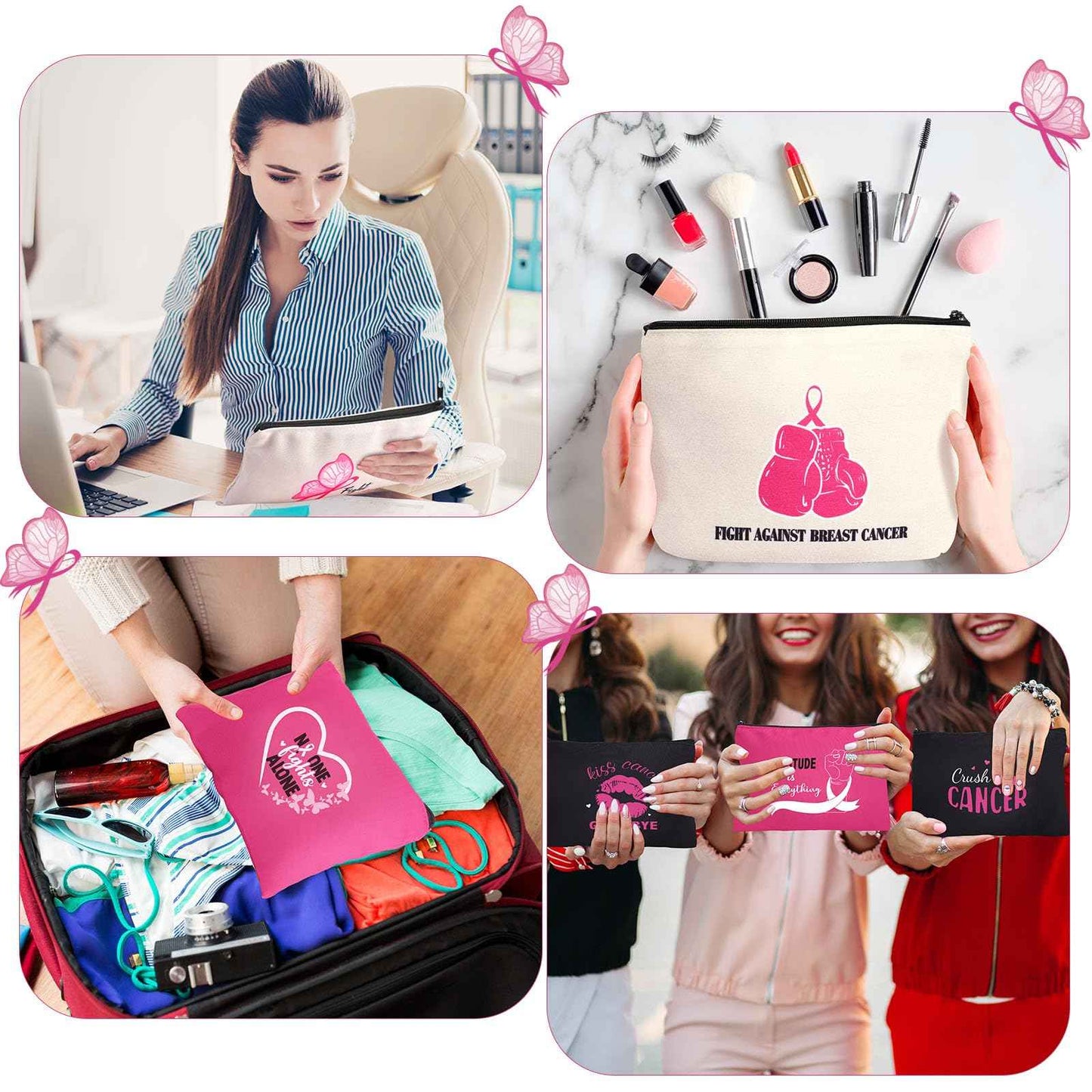 Breast Cancer Awareness Bag Pink Ribbon Travel Makeup Pouch Breast Cancer Cosmetic Pouch Portable Canvas Breast Cancer Gift Bag for Vacation Travel Women Breast Cancer Awareness Party (24 Pcs)