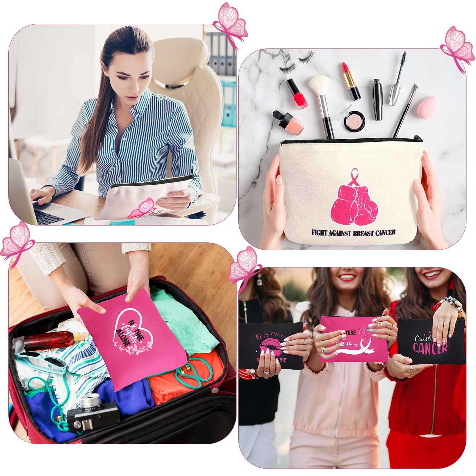 Breast Cancer Awareness Bag Pink Ribbon Travel Makeup Pouch Breast Cancer Cosmetic Pouch Portable Canvas Breast Cancer Gift Bag for Vacation Travel Women Breast Cancer Awareness Party (24 Pcs)