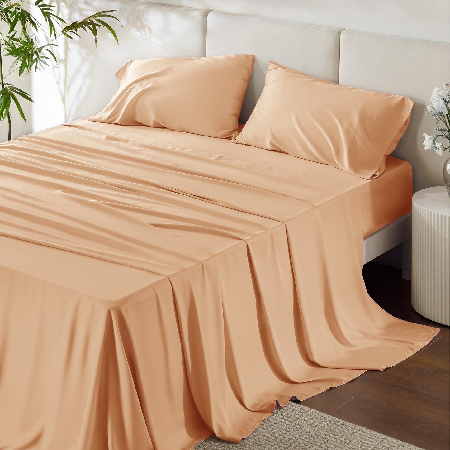 Bedsure Queen Sheets, Rayon Derived from Bamboo, Queen Cooling Sheet Set, Deep Pocket Up to 16", Breathable & Soft Bed Sheets, Hotel Luxury Silky Bedding Sheets & Pillowcases, Peach