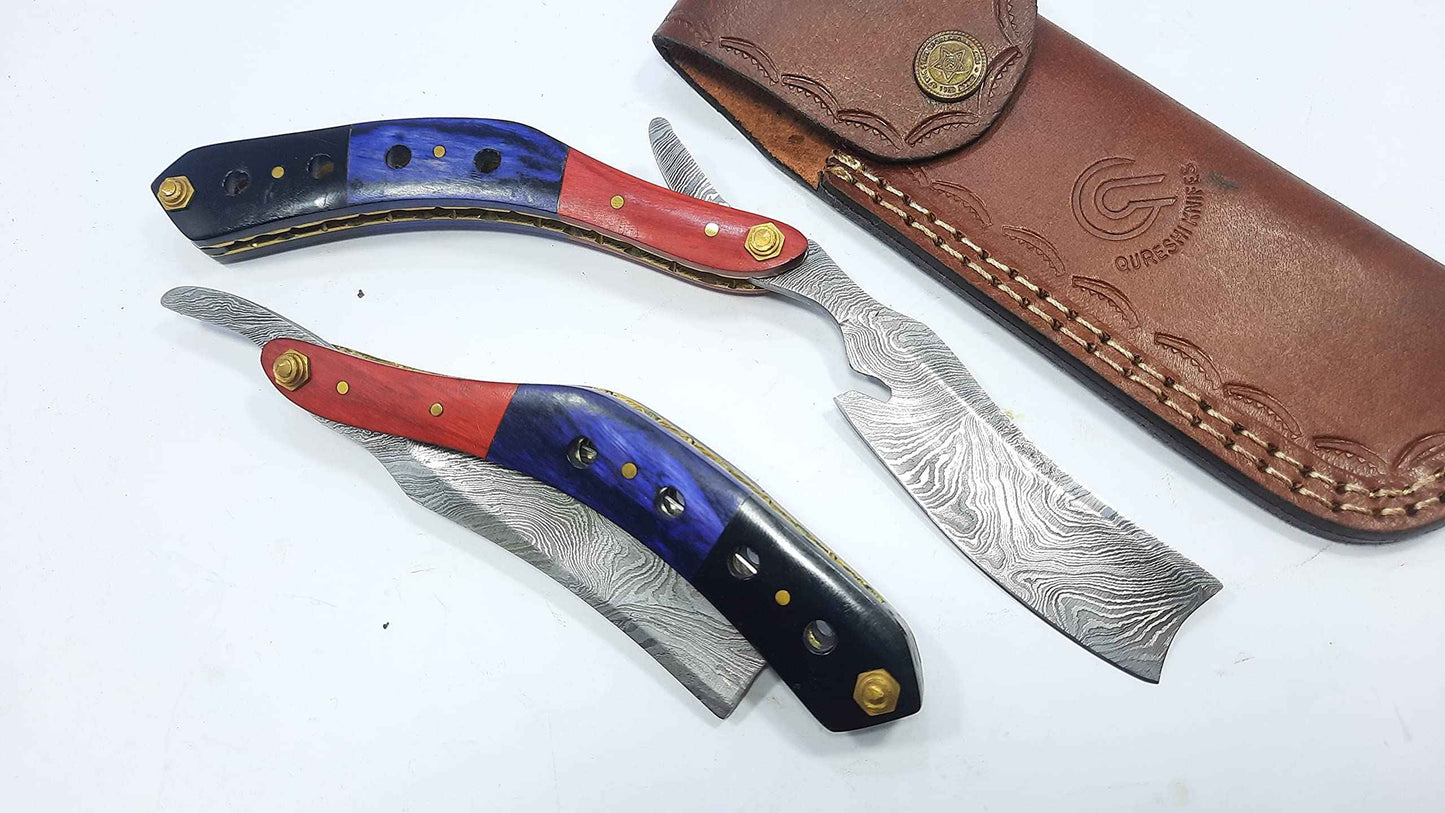 Qureshi Knifes Damascus Steel Straight Razor fixed Blade Color Wood, Buffalo Horn Handle with Leather Sheath Belt Loop. STR-24004
