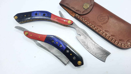 Qureshi Knifes Damascus Steel Straight Razor fixed Blade Color Wood, Buffalo Horn Handle with Leather Sheath Belt Loop. STR-24004
