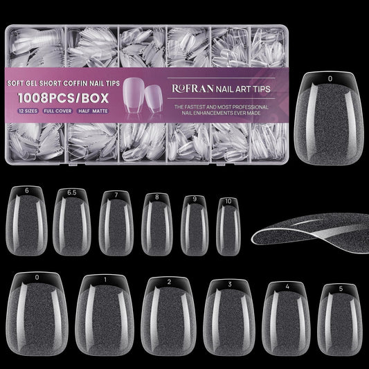 Short Coffin Nail Tips 1008pcs Full Cover Fake Nail Half Matte Press On Nails With Box Nail Art For Salons 12 Sizes