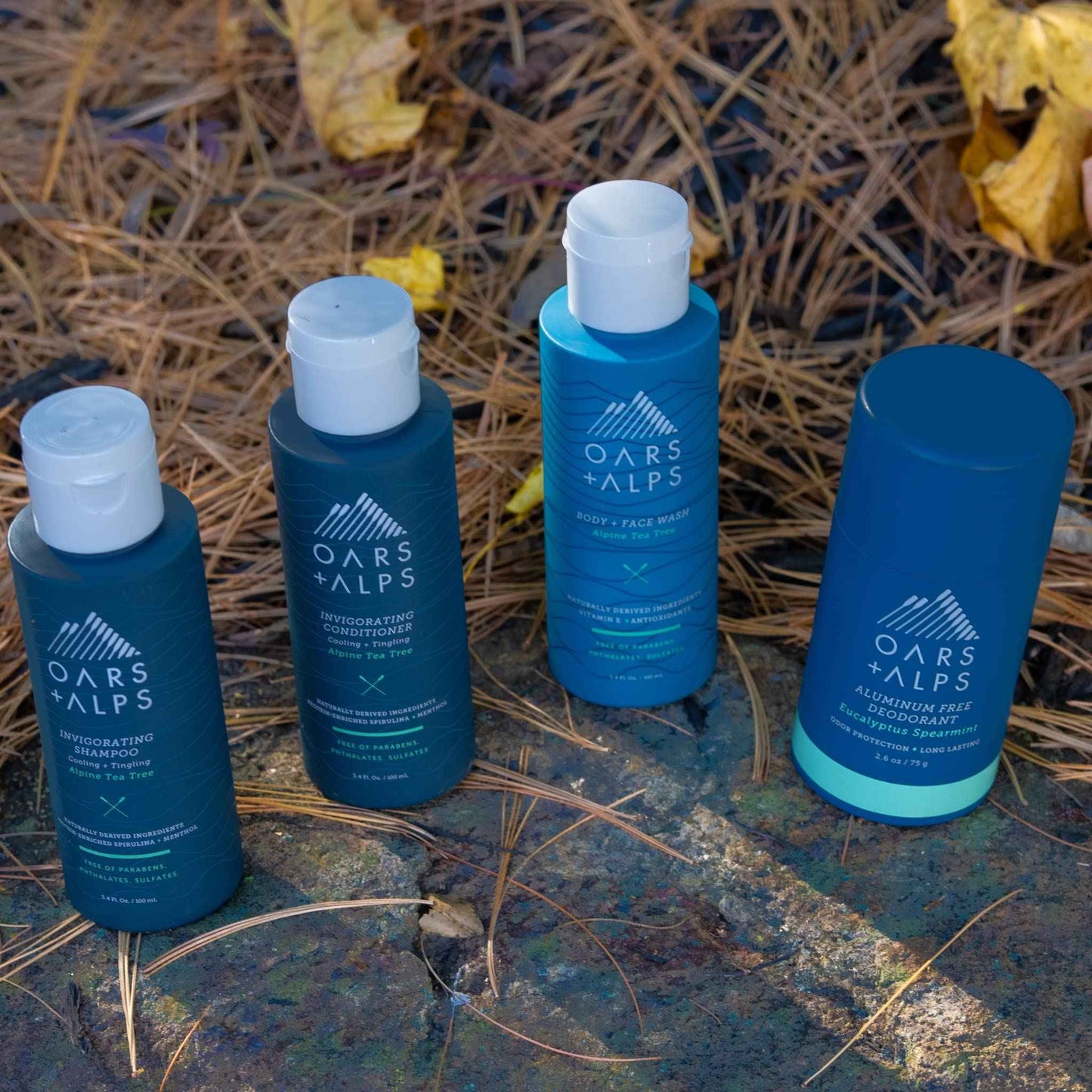Oars + Alps Hair and Body Travel Kit for Men, Includes Sulfate Free Shampoo, Conditioner, Body Wash, Deodorant, and Reusable Pouch, TSA Friendly, Alpine Tea Tree Scent