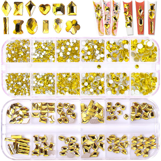 BELICEY Nail Art Rhinestones Yellow Flatback Round Rhinestones Charms Nail Gem Stones with K9 Bling Glass Crystals Diamonds Jewelry for Nail Design DIY Crafts Face Decoration