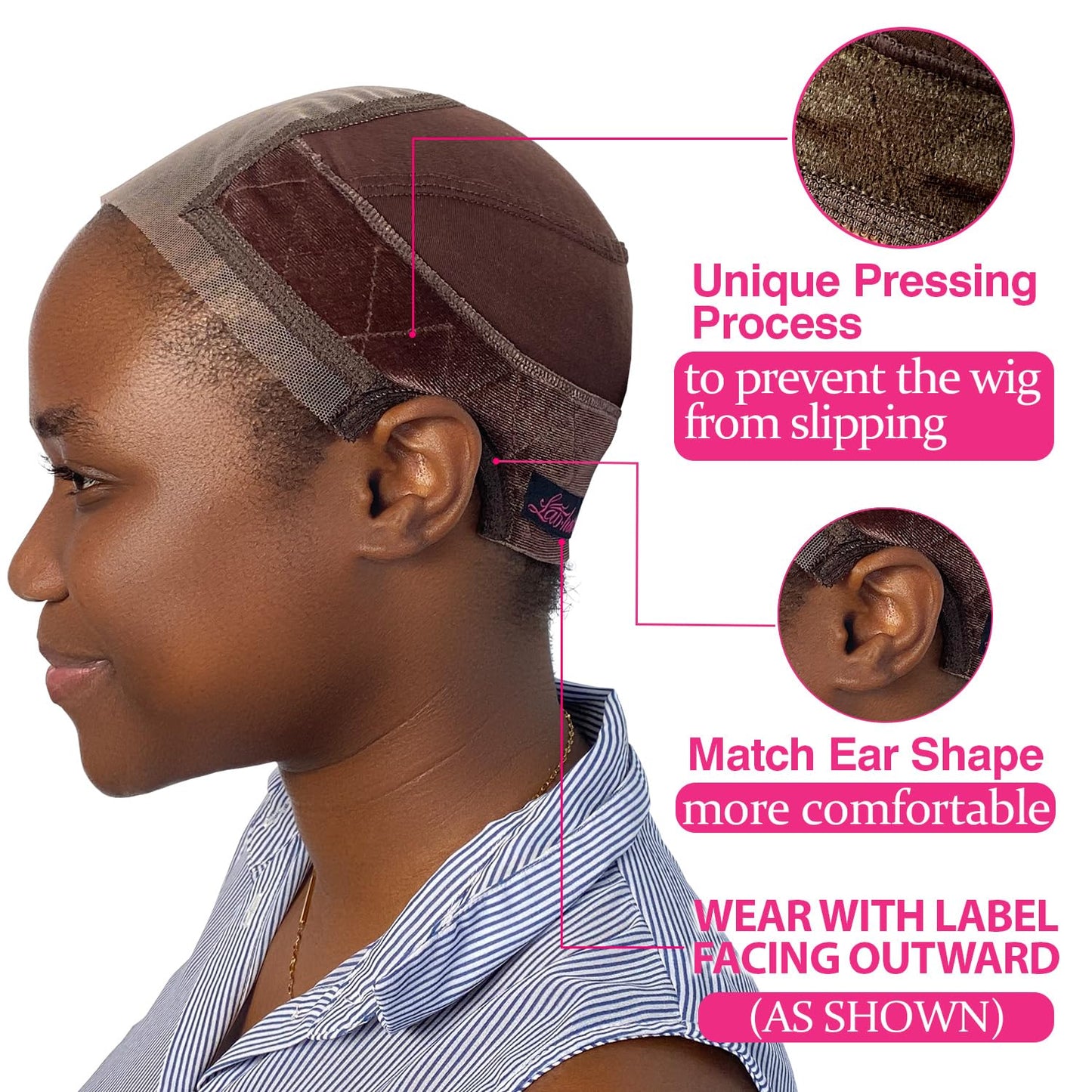 LAB HAIRS Lace Wig Cap with Grip Band for Keeping Wigs In Place, 4x5 Wider Transparent Lace for Lace Front Wig, Non-slip Cap for Glueless Wig, Adjustable Wig Grip Cap with Velcro Headband (Brown-M)