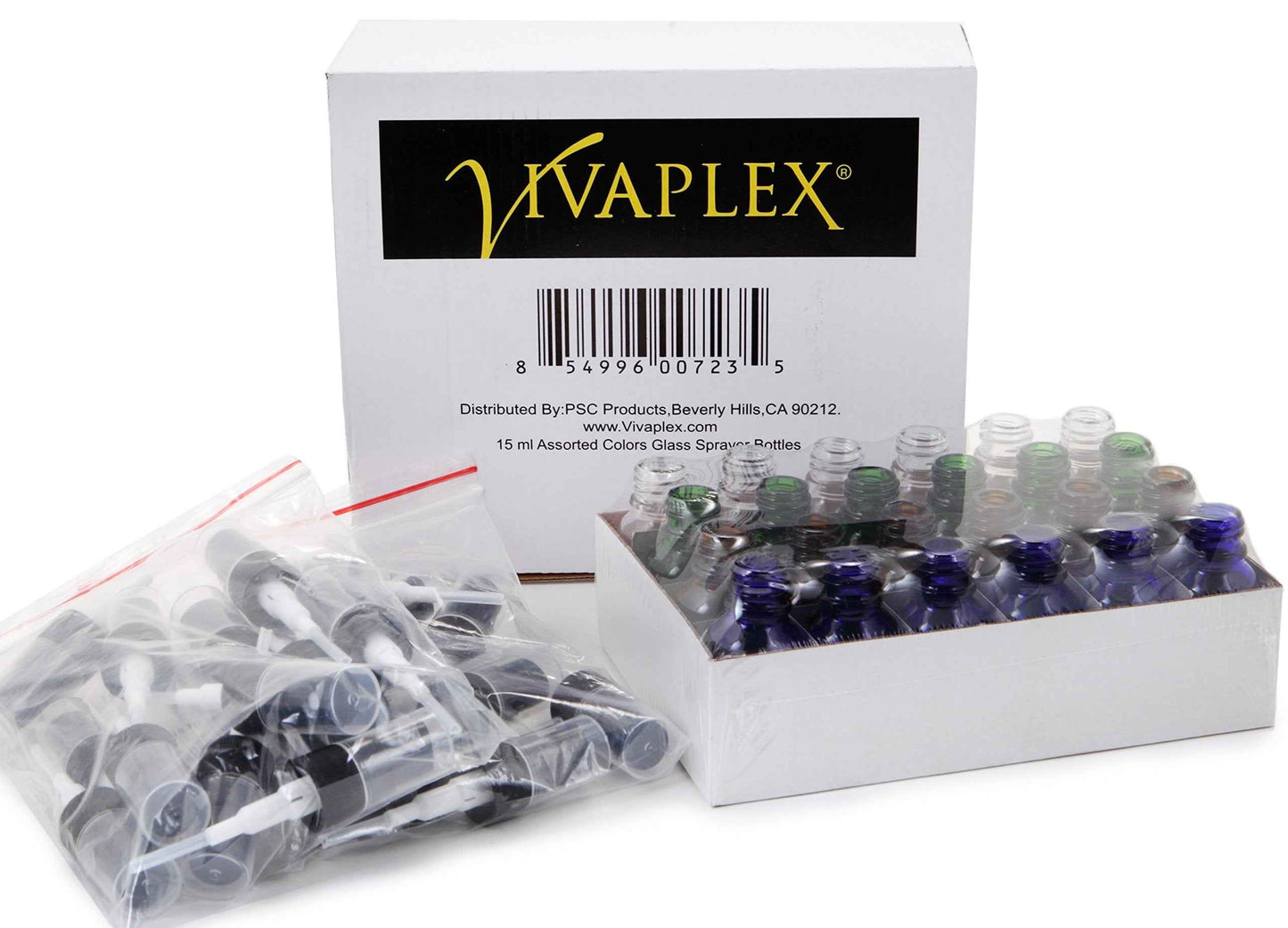 Vivaplex, 24, Assorted Colors, 15 ml (1/2 oz) Glass Bottles, with Black Fine Mist Sprayer's