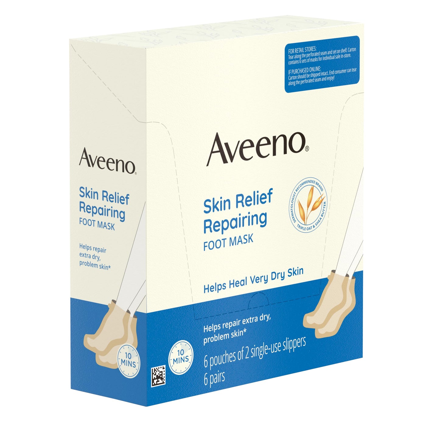 Aveeno Skin Relief Repairing Foot Mask, Moisturizing Socks with Prebiotic Oat & Shea Butter for Very Dry Skin, Foot Care for Sensitive Skin, Fragrance-Free, Value Pack, 6 Pairs of Single-Use Slippers