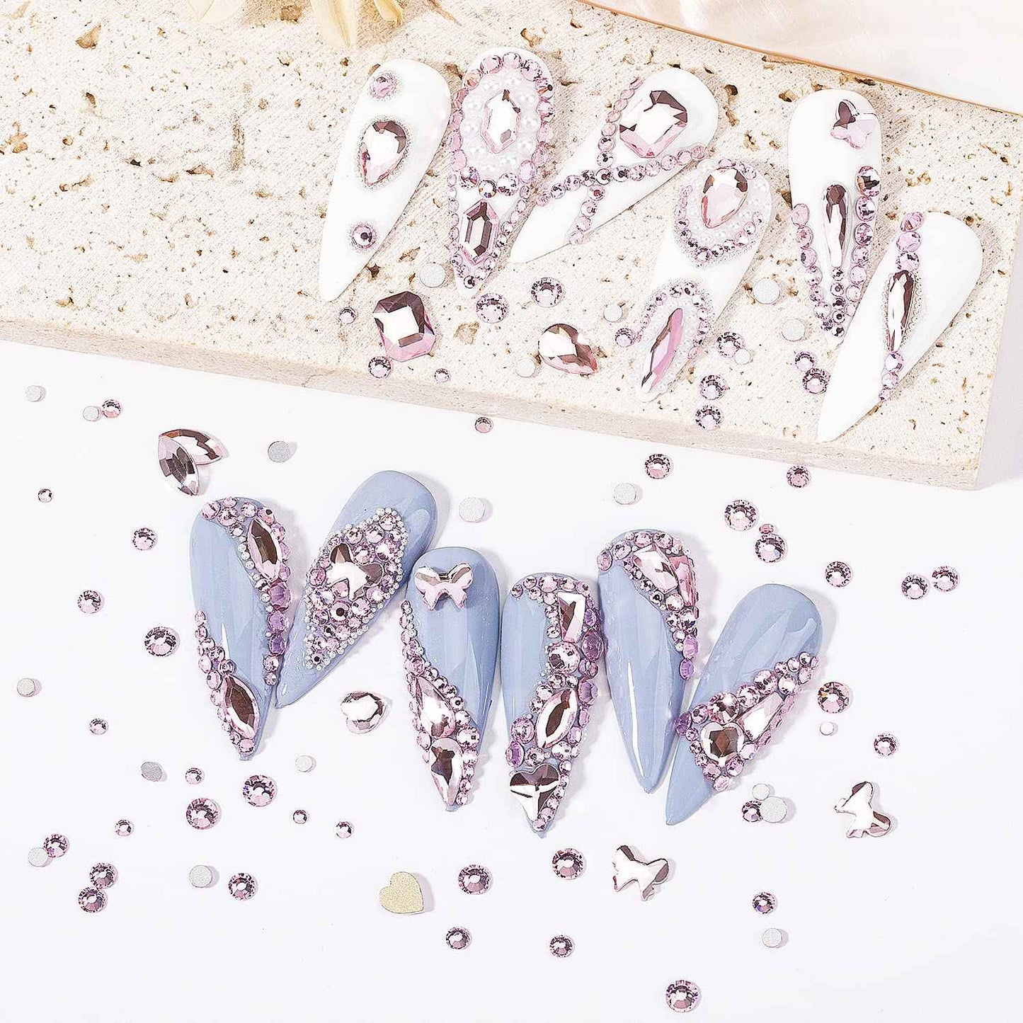 DZHILHMX Nail Rhinestones - 4300pcs Light Pink, Multiple Shape Gems, Flat Back Rhinestones, with Kit and Glue Gel, for Nail Art