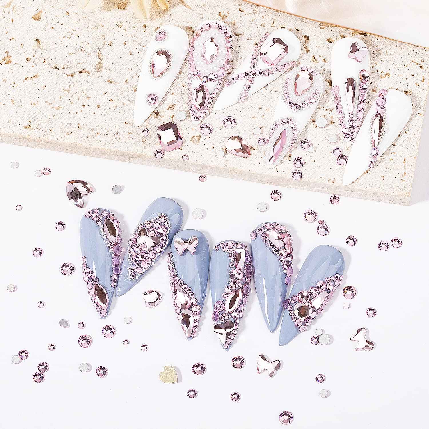 DZHILHMX Nail Rhinestones - 4300pcs Light Pink, Multiple Shape Gems, Flat Back Rhinestones, with Kit and Glue Gel, for Nail Art