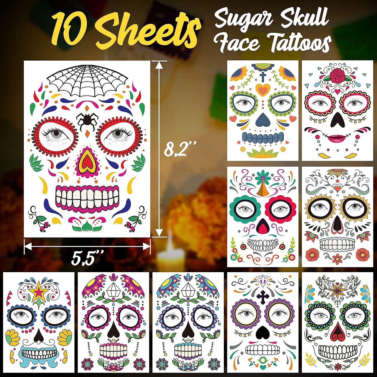 Day of the Dead Face Tattoos Makeup- Halloween Costume for Women Men Adults Kids |Halloween Skeleton Dia De Los Muertos Temporary Tattoos | 10 PCS Red Rose Sugar Skull Face Tattoo Decor Stickers Kit