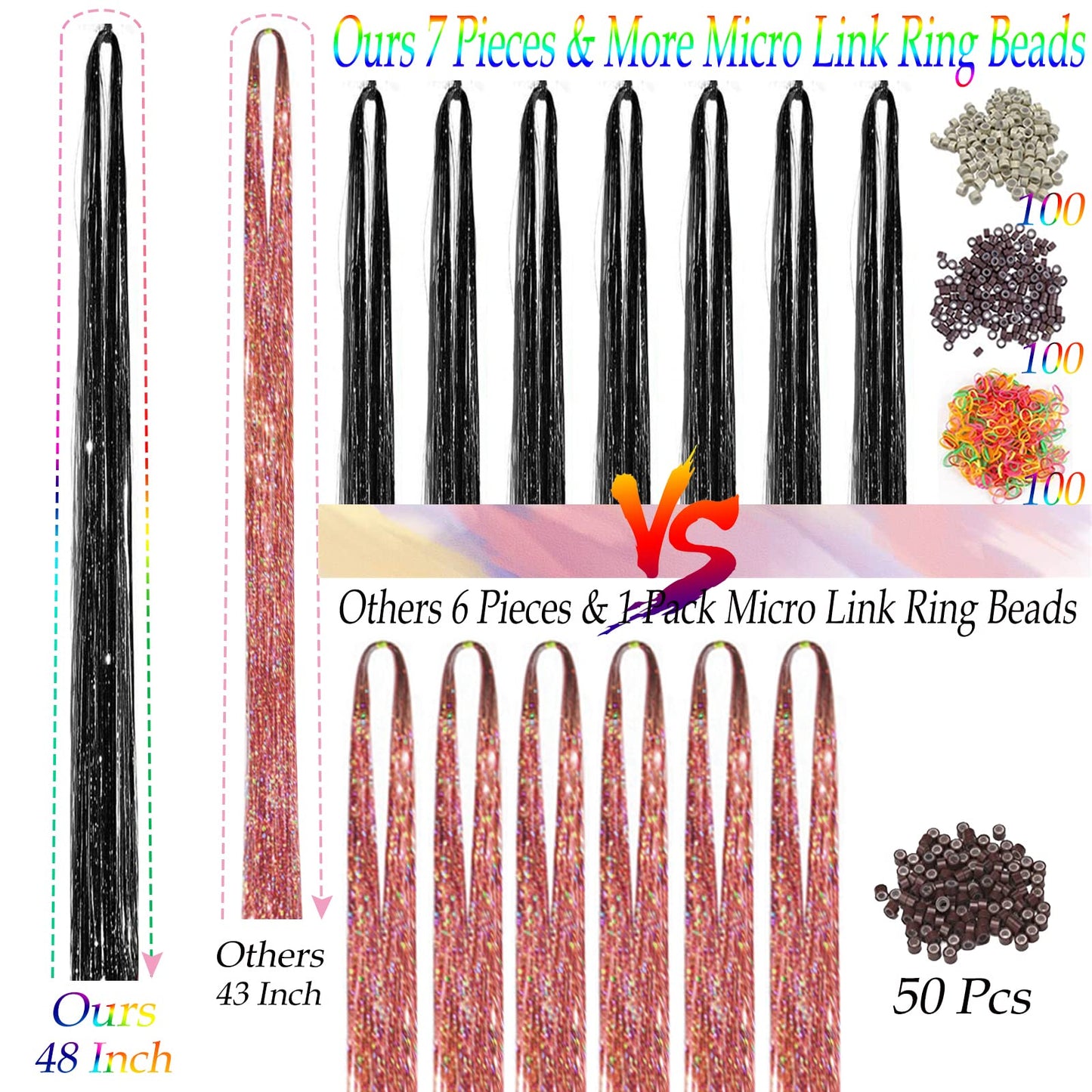 Black Hair Tinsel Kit: 48 Inches 7Pcs 2100 Sparkling Strands Glitter Tinsel Hair Extensions with Tools - Fairy Heat Resistant Hair Tinsel Accessories for Women Girls Kids