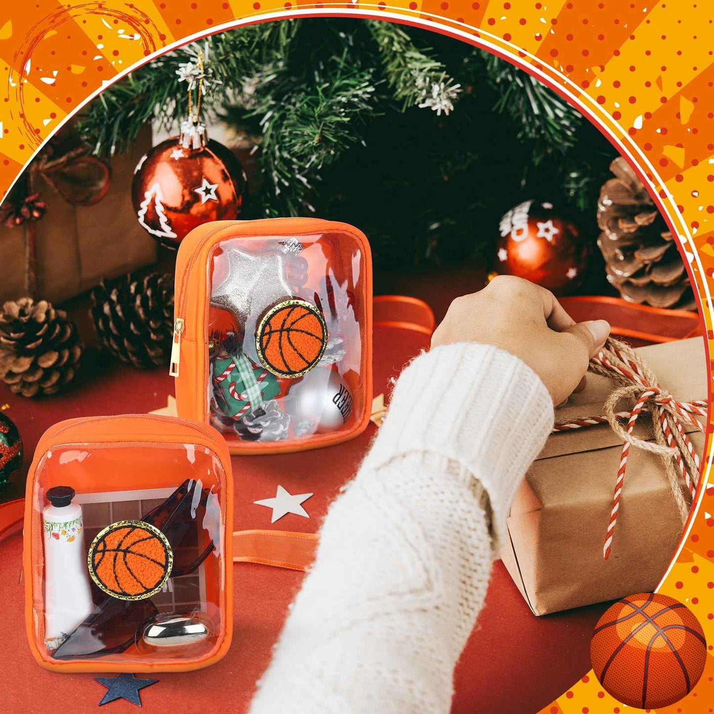 Reginary 12 Pcs Chenille Patch Gift Bags Senior Night Gift Bag Waterproof Travel Size Pack for Party Favors Team Stuff(Basketball)