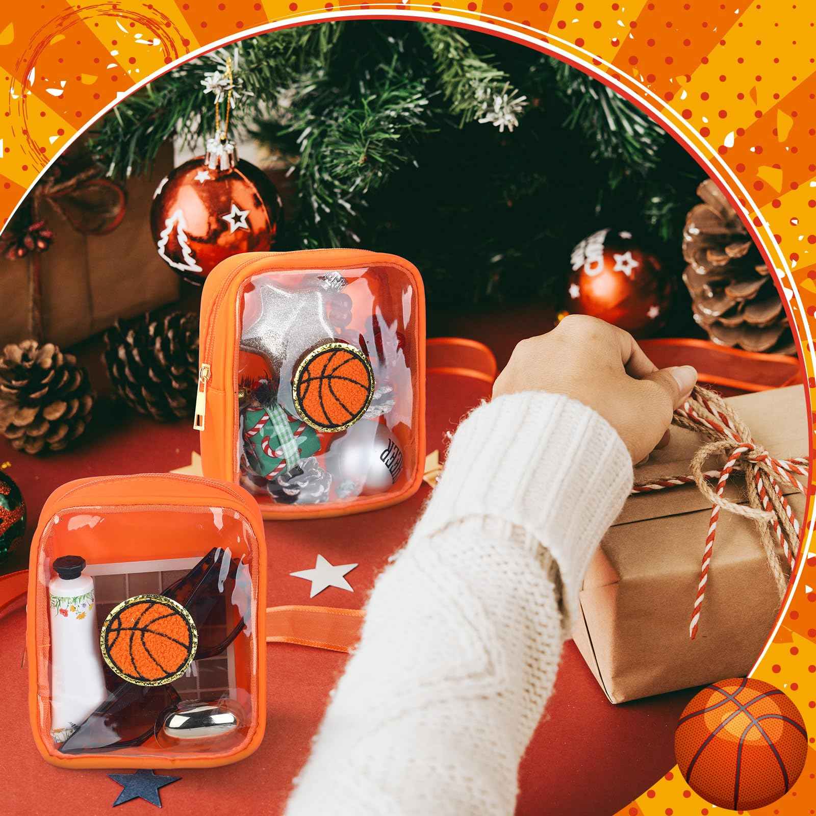 Reginary 12 Pcs Chenille Patch Gift Bags Senior Night Gift Bag Waterproof Travel Size Pack for Party Favors Team Stuff(Basketball)