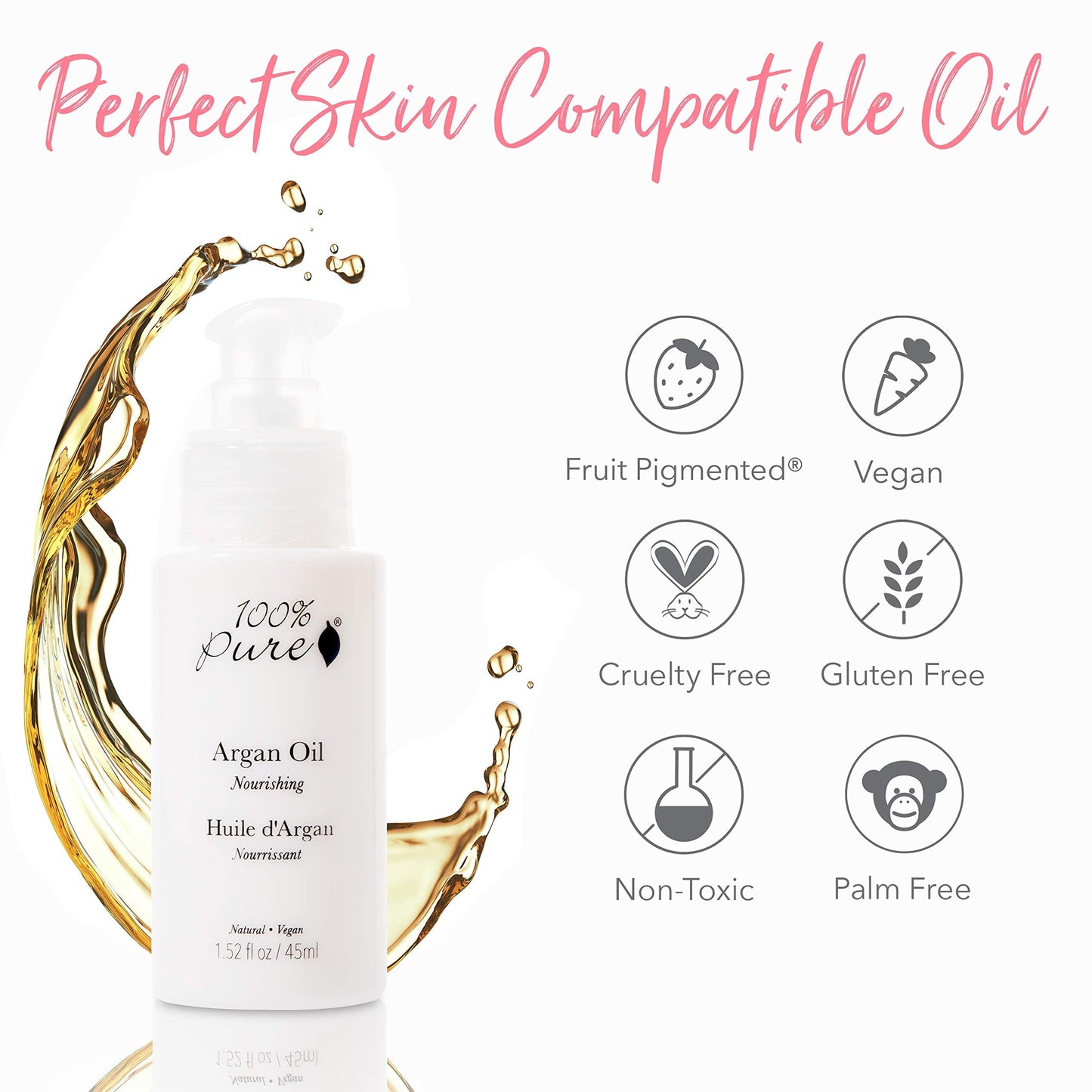 100% PURE Argan Oil, Cold-Pressed, Natural Moisturizer for Skin, Hair & Nails, Facial Serum, Hair Detangler, Cuticle Oil, Makeup Remover - 1.52 Fl Oz