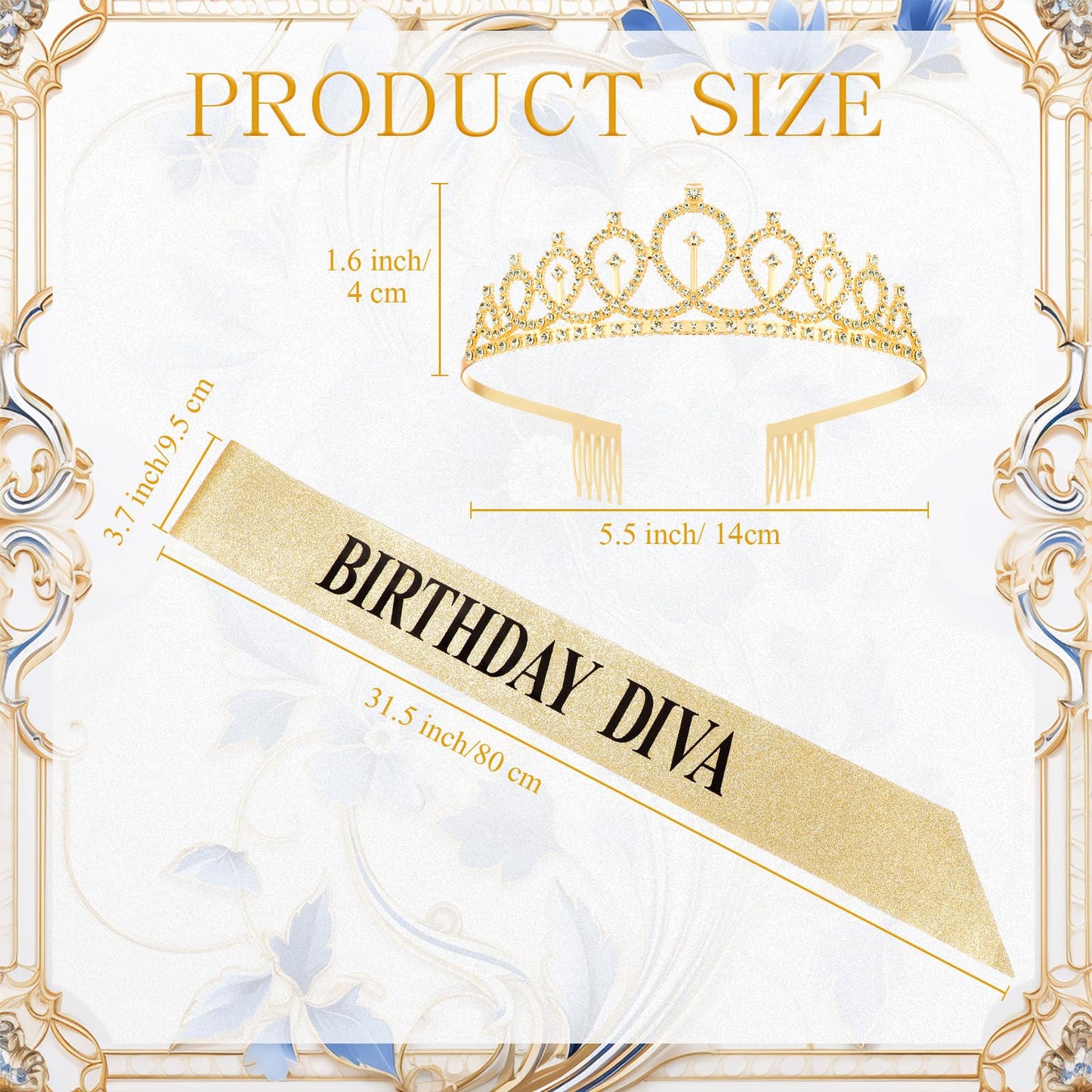 Retrowavy 2 Pcs Birthday Diva Sash Rhinestones Tiara Women Birthday Decoration Kit for Birthday Party Accessories(Gold)