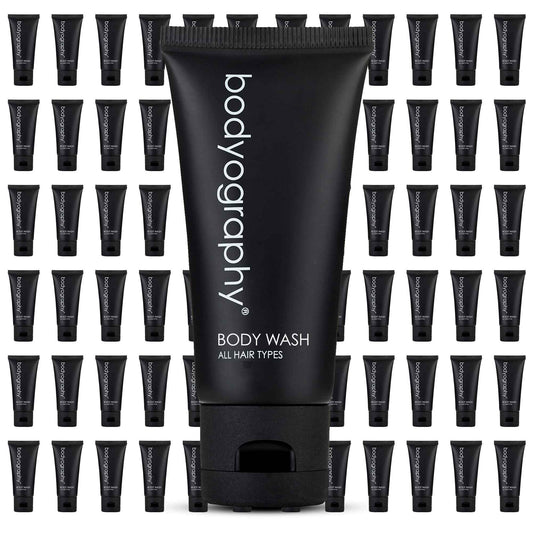 World Amenities - Bodyography - Bulk Body Wash | 50 Count, 1.4oz | Lavender Peppermint, Mini Travel Size Toiletries (100% Recyclable Tube with Flip Top Cap) Hotel Amenities.
