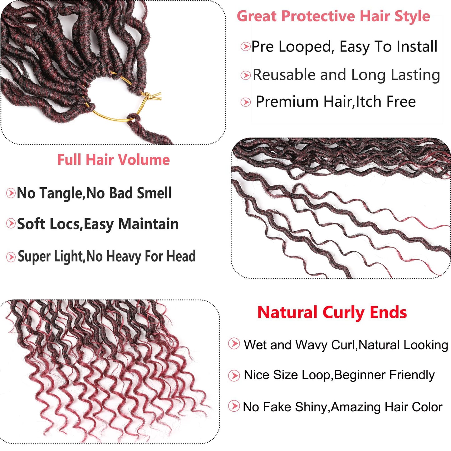 Ombre Burgundy Red Boho Goddess Locs Crochet Hair 22 Inch, 8 Packs New Faux Locs Crochet Hair With Curly Ends,Pre Looped Hippie Locs Crochet Hair For Women Synthetic Crochet Braids (22",Ombre TBUG)