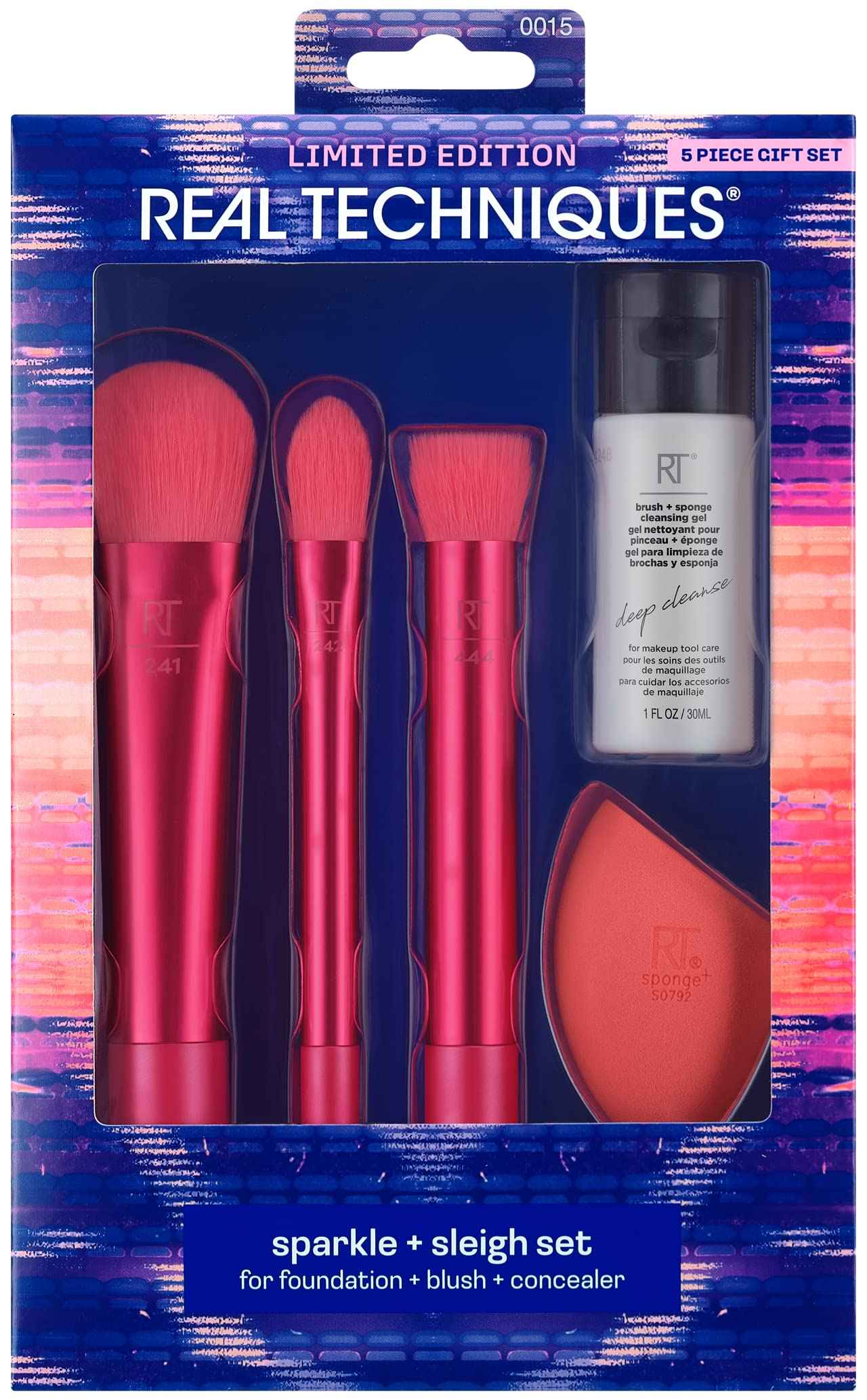 Real Techniques Limited Edition Sparkle + Sleigh Makeup Brush & Sponge Kit, Makeup Spone Blender & Face Brushes For Flawless Finish, 5 Piece Holiday Gift Set