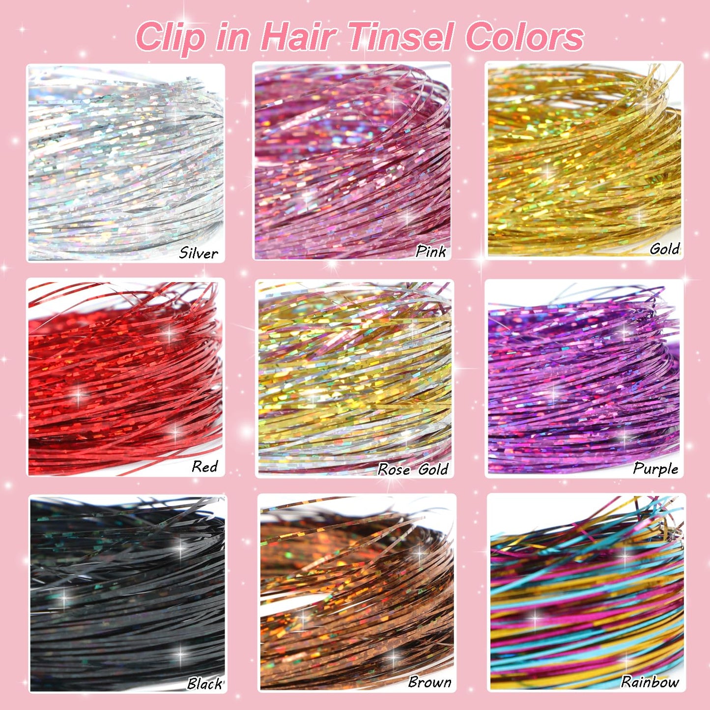 USHUIUS Hair Clip Tinsel Extensions, 12Pcs Hair Tinsel Clips, Glitter Tinsel Hair Accessories, Heat Resistant, Sparkly, for Girls Women Kids, Colorful, 50cm/19.6 Inch