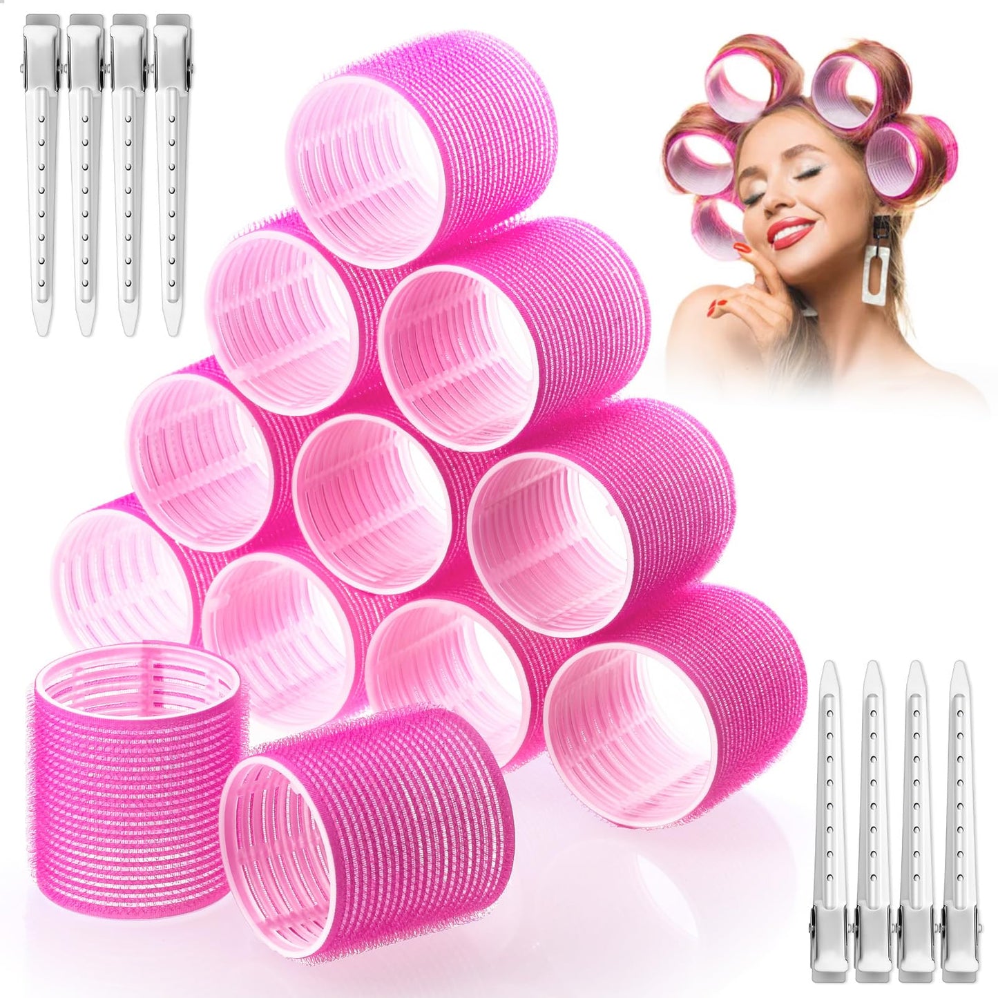 Jumbo Hair Curlers Rollers, 12Pcs 60mm Jumbo Hair Roller Curlers Self Grip Holding Rollers with 12Pcs Hair Clips for Long Thick Hair (Rose Red)