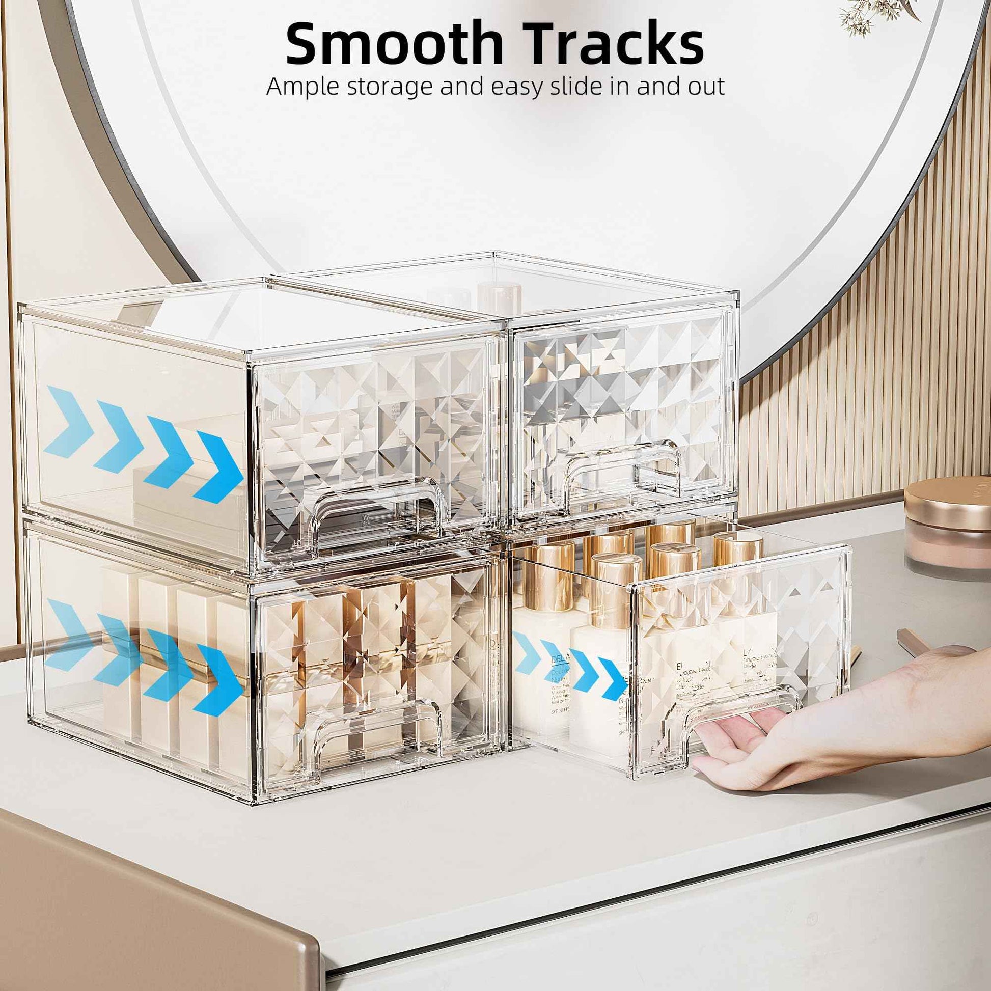 Delamu 6 Pack Stackable Storage Drawers, Makeup Skincare Holder Vanity Storage Organizer, Plastic Drawers For Vanity Desk, Undersink, Kitchen Cabinet, Pantry, Clear, Ideal Christmas Gifts for Girls