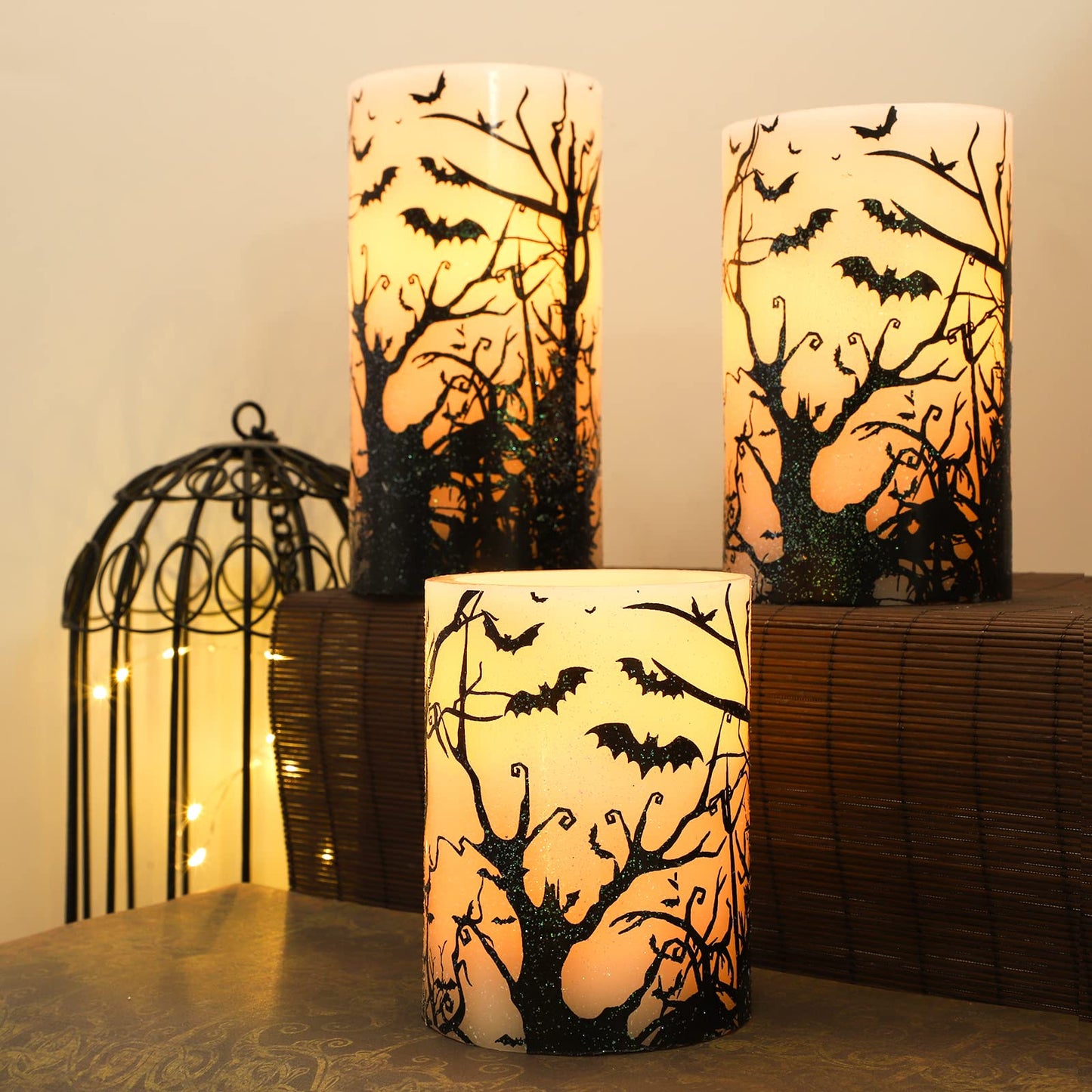 REVELBUNNY Halloween Flameless Candles Spooky Bats Decal LED Flickering Candles with Remote Timer, Battery Operated Real Wax Pillar Candle for Halloween Home Party Decoration, Set of 3