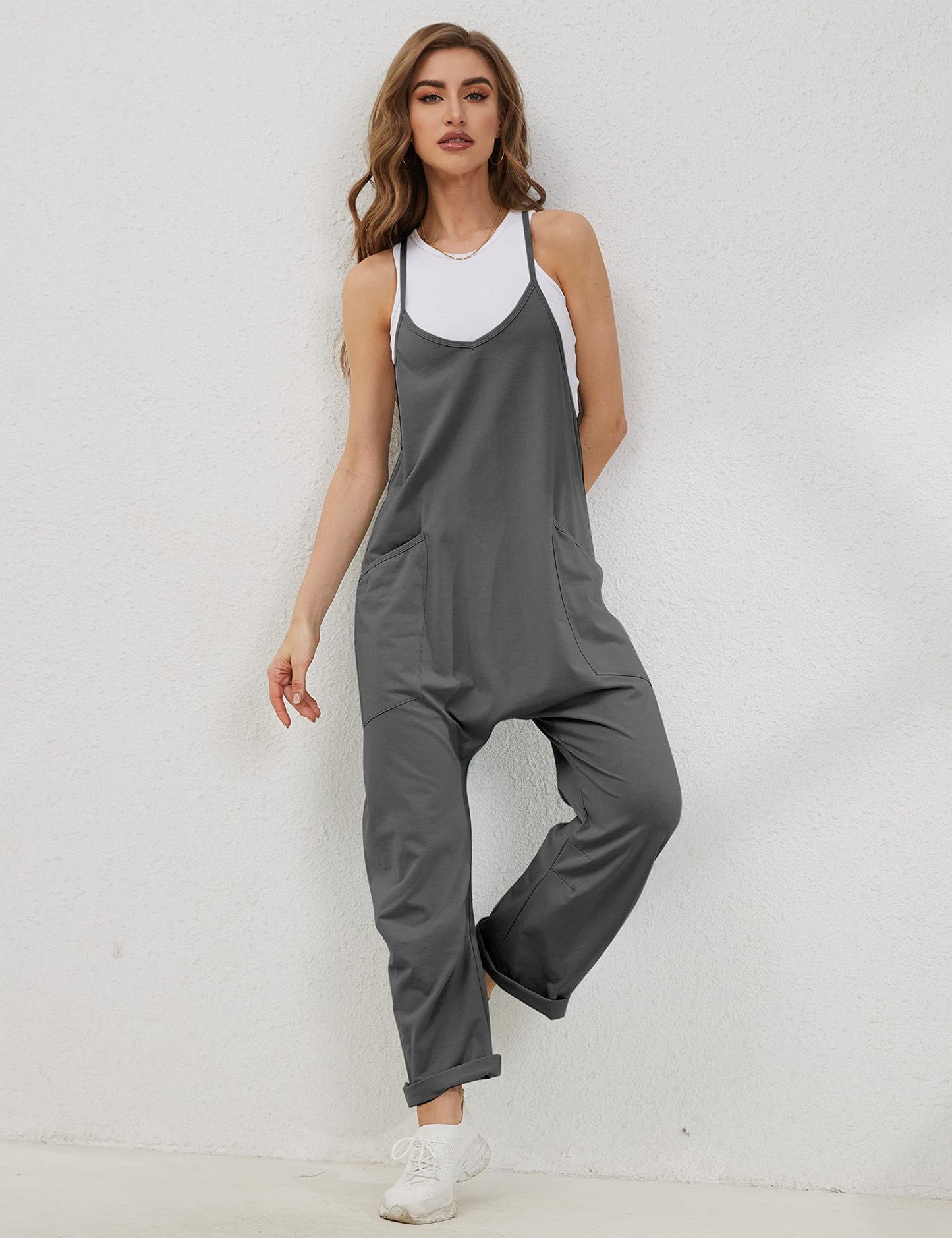 Lentta Women's Causal Jumpsuits V Neck Sleeveless Harem Overalls Stretchy Adjustable Strap Romper with Pockets(DarkGrey-S)