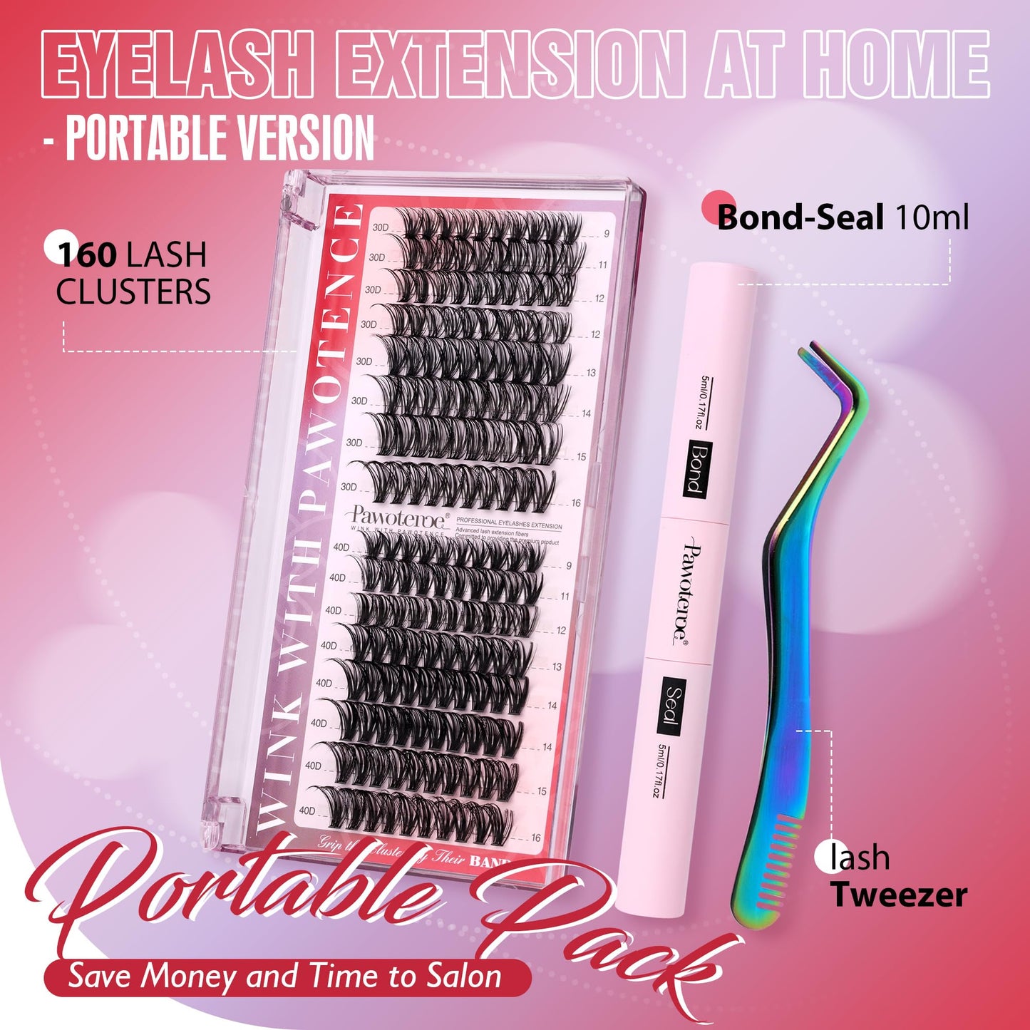 Pawotence DIY Lash Extension Kit Individual Lash Clusters D Curl 9-16mm Eyelash Extension Kit with Lash Bond and Seal and Lash Tweezer for Self Application at Home (30D+40D-0.07D-9-16MIX PORTABLE KIT)