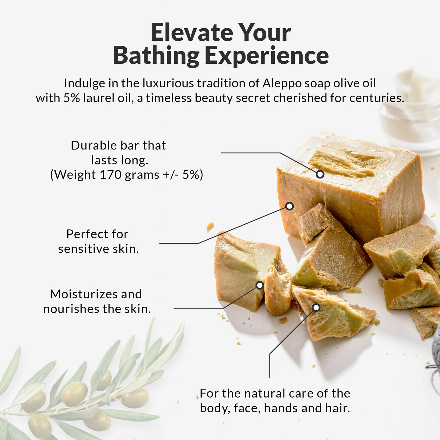 Aleppo Soap Olive Oil with 5% Laurel Oil for Healthy, Radiant Skin - Natural Handmade, Body, Shampoo, and Vegan Formula