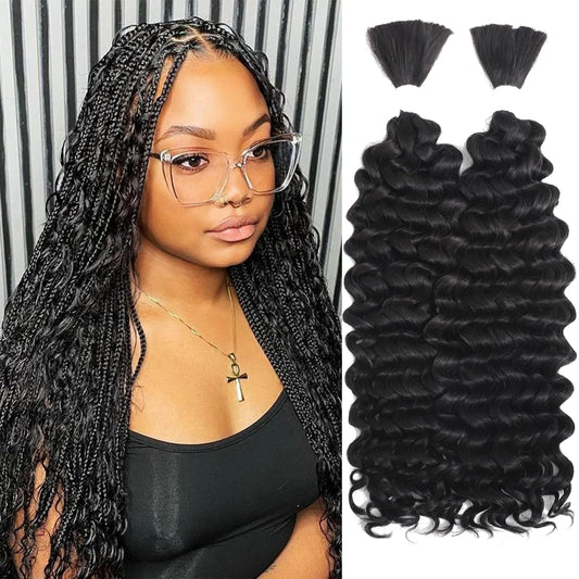 XACIPUZ Human Braiding Hair 2Bundles 130g 18 Inch for Bohemian Braids Deep Wave Bulk Human Hair for Braiding No Weft Hair Extensions for Boho Knotless Braids(1B)