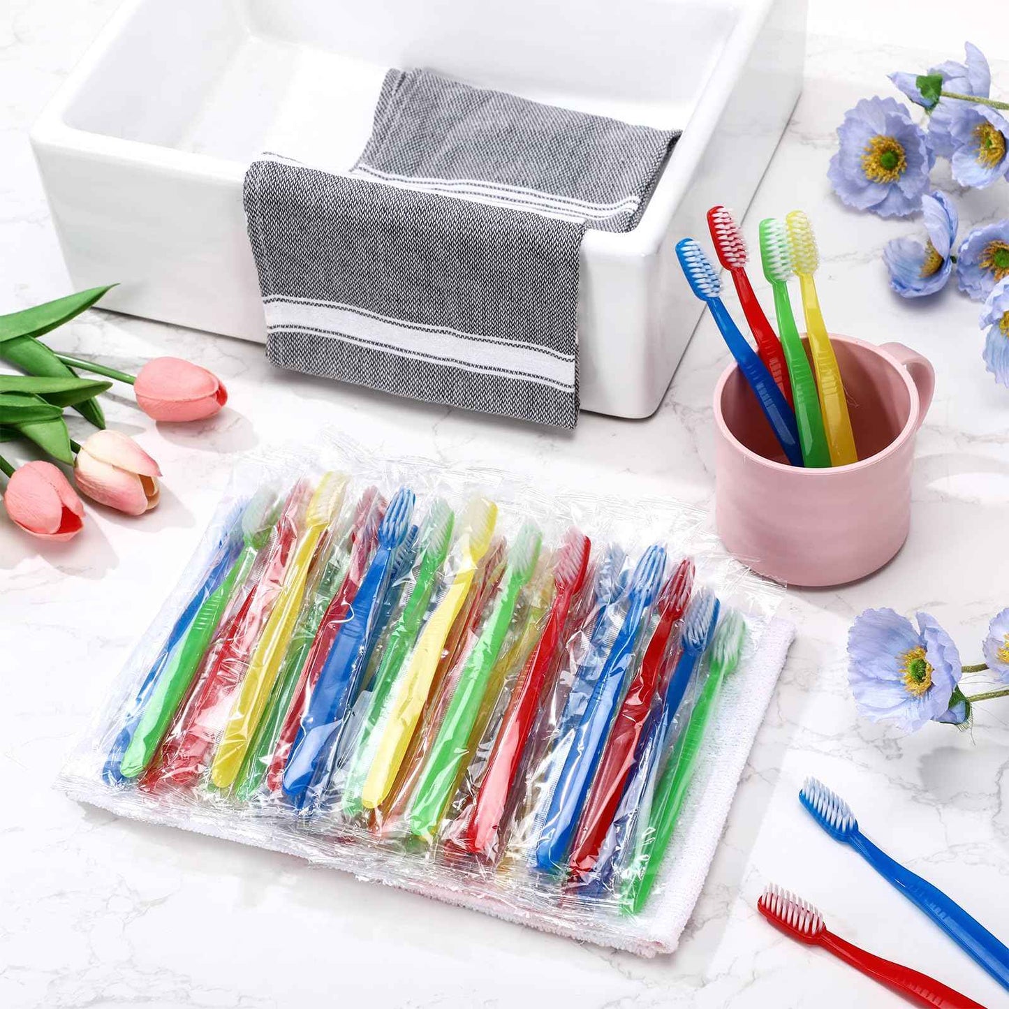 Tioncy 200 Pack Prepasted Disposable Toothbrushes Individual Wrapped Toothbrushes Soft Bristle Travel Toothbrush Single Use Wrapped for Hotel, Camp, Travel and Gift for The Homeless (Dopamine Colors)