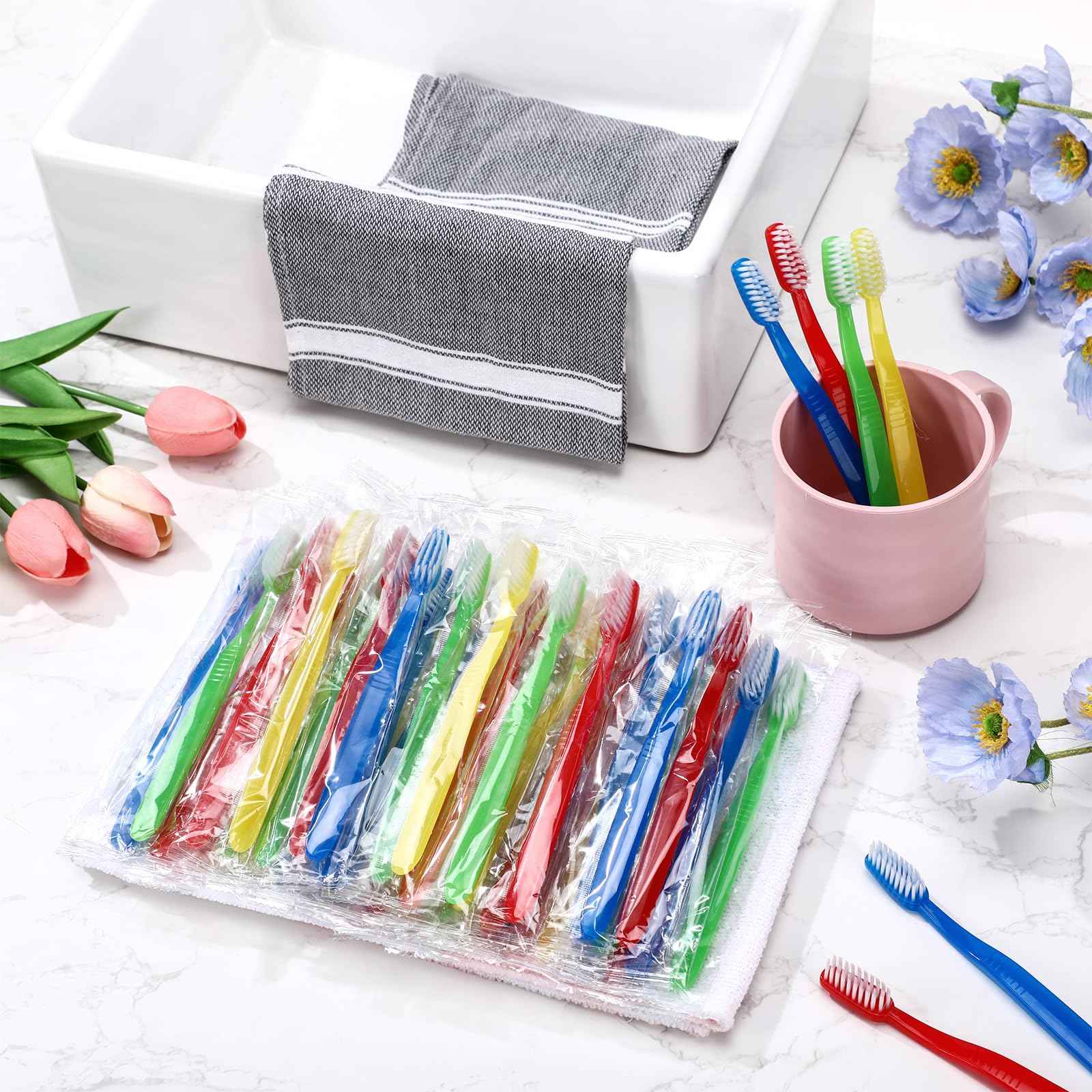 Tioncy 200 Pack Prepasted Disposable Toothbrushes Individual Wrapped Toothbrushes Soft Bristle Travel Toothbrush Single Use Wrapped for Hotel, Camp, Travel and Gift for The Homeless (Dopamine Colors)