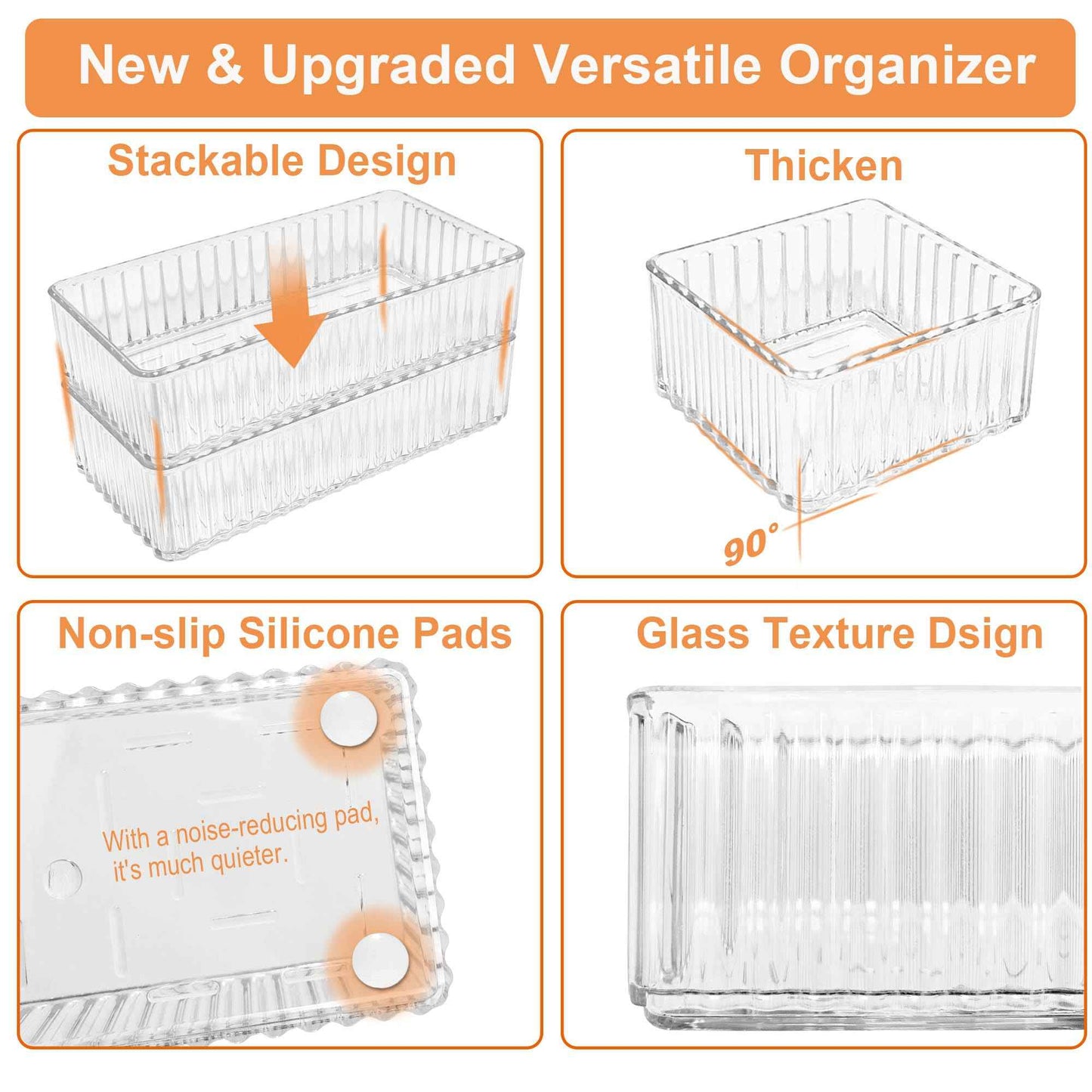 Adoco 7 PCS Clear Drawer Organizers Bins, 4-Size Stackable Makeup Vanity Drawer Organizer Trays, Acrylic Bathroom Drawer Organizer Storage Containers for Cosmetic,Office Supply