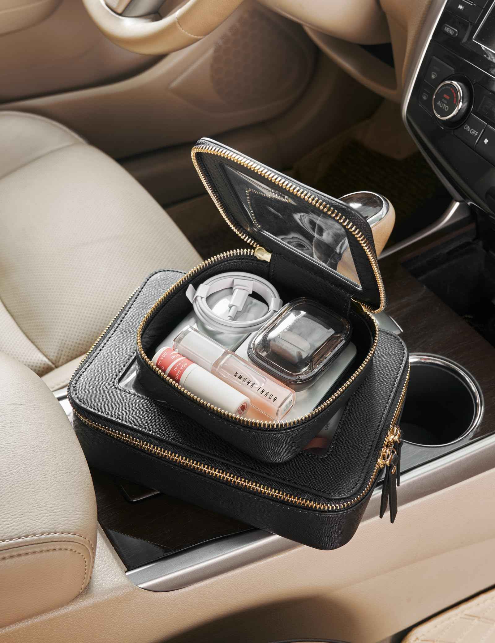 Mini Clear Black Makeup Bag - Cute Square Cosmetic Pouch for Travel with Zipper - For Women & Girls