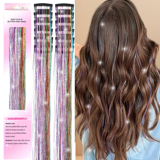 USHUIUS Hair Clip Tinsel Extensions, 12Pcs Hair Tinsel Clips, Glitter Tinsel Hair Accessories, Heat Resistant, Sparkly, for Girls Women Kids, Colorful, 50cm/19.6 Inch