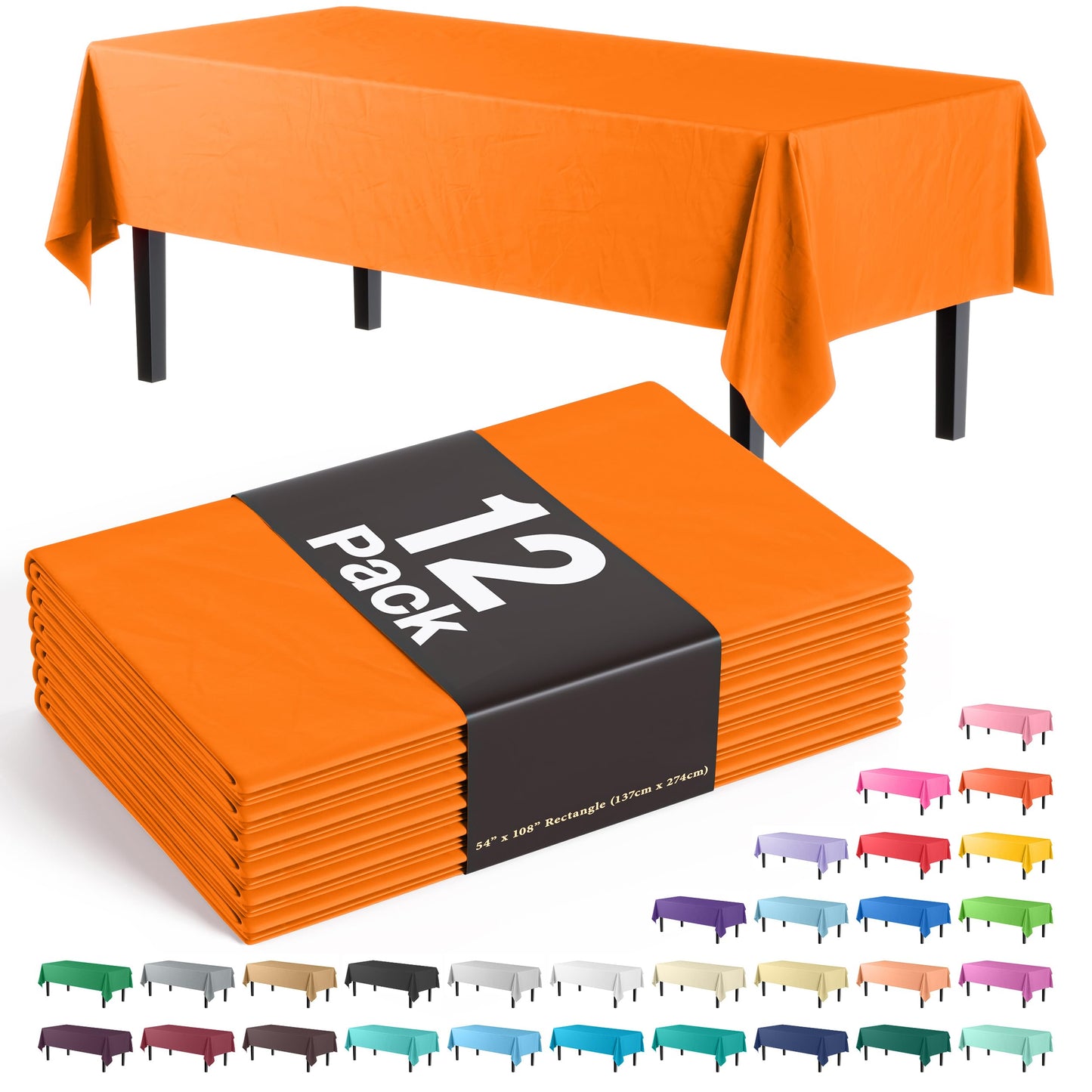 Exquisite 12-Pack Premium Plastic Tablecloth 54in. x 108in. Rectangle Table Cover - Orange