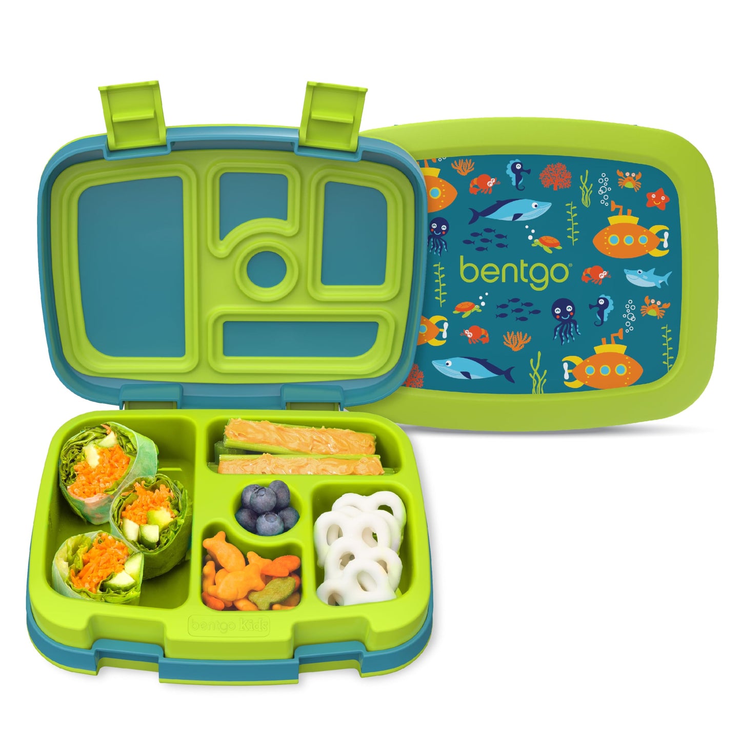 Bentgo Kids Prints Leak-Proof, 5-Compartment Bento-Style Kids Lunch Box - Ideal Portion Sizes for Ages 3-7, Durable, Drop-Proof, Dishwasher Safe, & Made with BPA-Free Materials (Submarine)